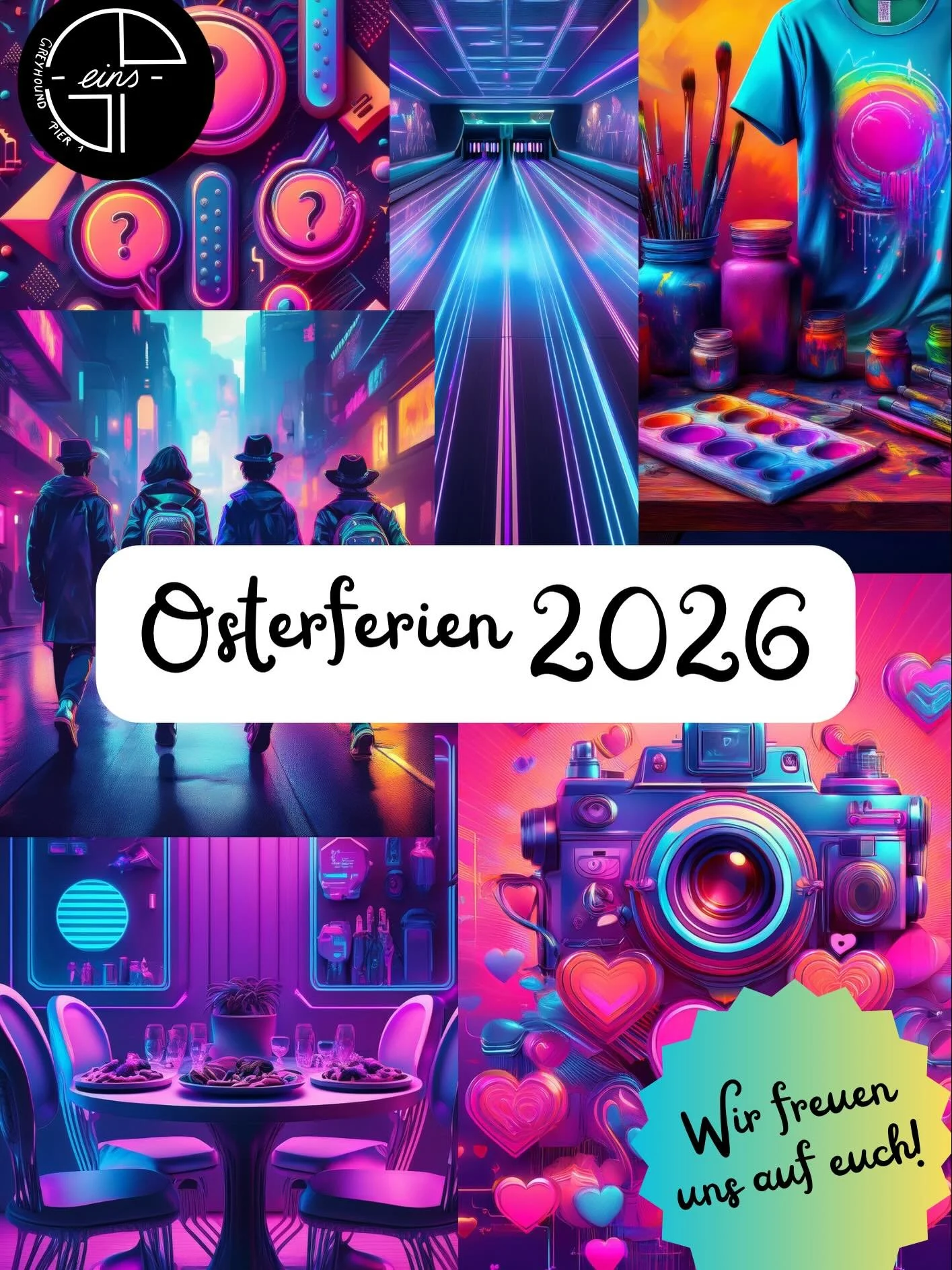 🌸 FERIENPROGRAMM IM Greyhound Pier 1🌸
Ready f&uuml;r Spa&szlig;, Action &amp; gute Vibes? 😎🔥
Check unser Ferienprogramm und sei dabei! 👇✨

 1. Ferienwoche

📅 Di 31.03. | 12&ndash;19 Uhr
 🫶Abschied Nick &amp; Miri
📸 Foto-Love-Story Teil 1 &nda