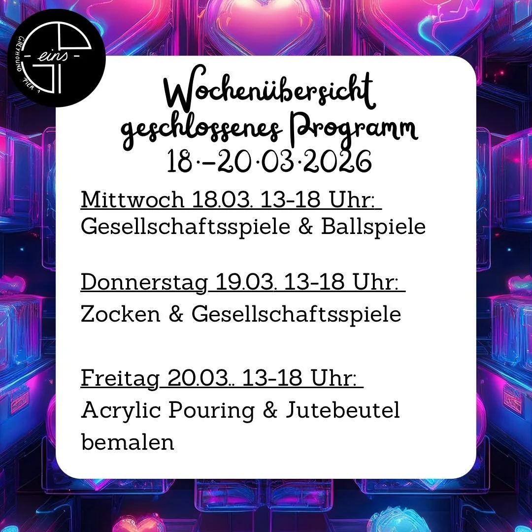 In dieser Woche haben wir ausschlie&szlig;lich ein geschlossenes Programm. Kommt gerne vorbei und nehmt an den Angeboten teil. Ihr k&ouml;nnt au&szlig;erdem wie immer bei uns Mittags Essen und Billiard spielen. - Sorry f&uuml;r die Einschr&auml;nkung