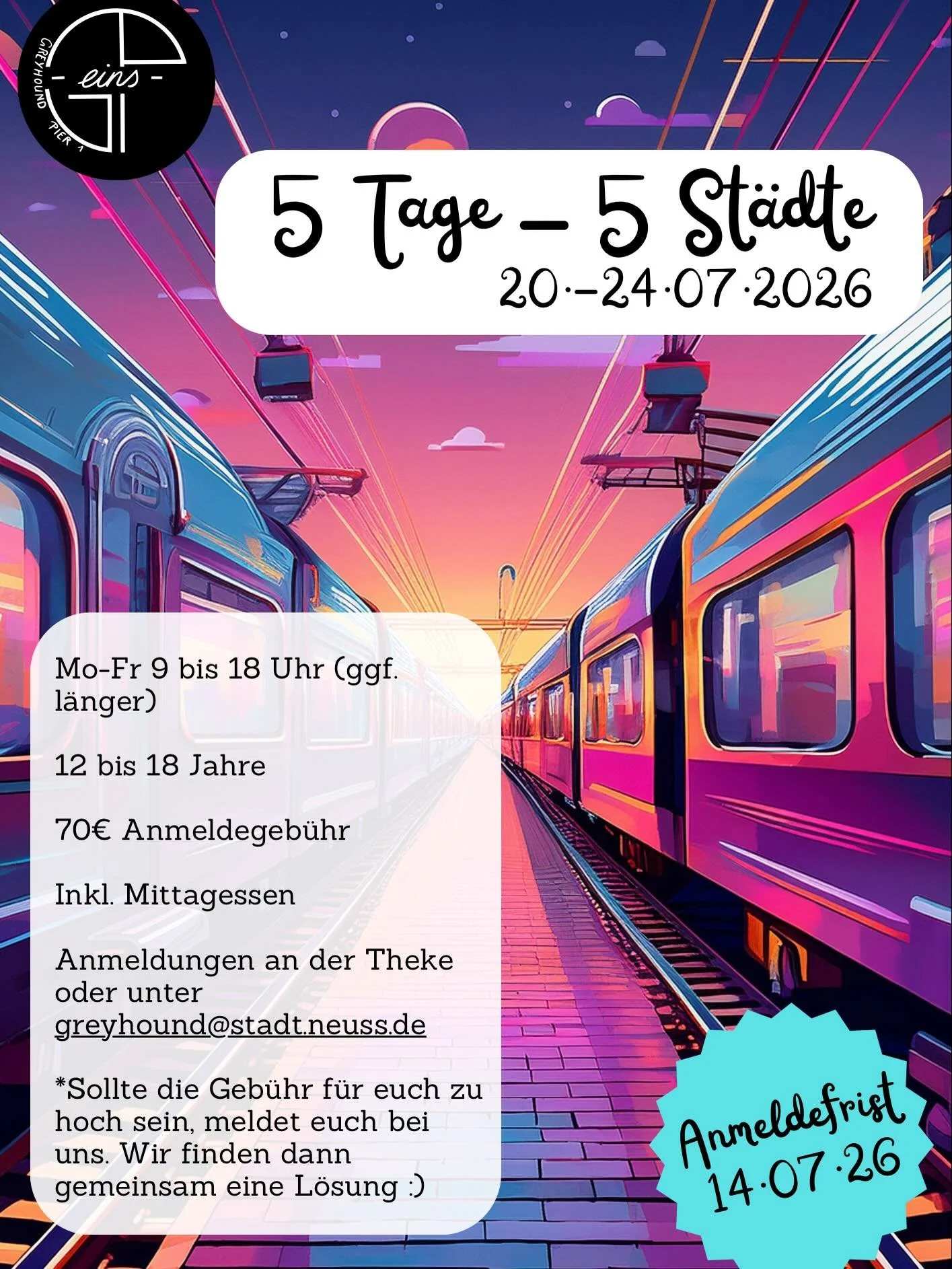 Unser Sommerferienprogramm 2026 🫶

Ab n&auml;chster Woche Mittwoch k&ouml;nnen sich unsere Besucher*innen anmelden.

Alle anderen k&ouml;nnen sich ab dem 01.06.2026 anmelden.

Fragen? Kommt gerne auf uns zu!

📌 Anmeldung f&uuml;r Ausfl&uuml;ge und 