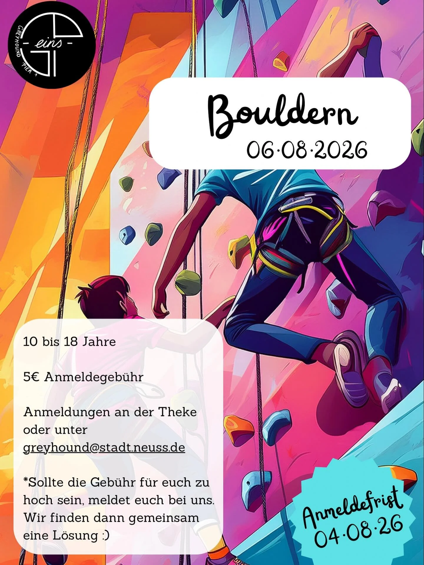 Wir laden alle Kletterbegeisterten ein mit dem Greyhound Pier 1 am 05.08.2026 in D&uuml;sseldorf Bouldern zu gehen!

Der Ausflug kostet 5&euro; Anmeldegeb&uuml;hr. Mitinbegriffen sind der Eintrittspreis in die Boulderhalle und (falls kein &Ouml;PNV-T