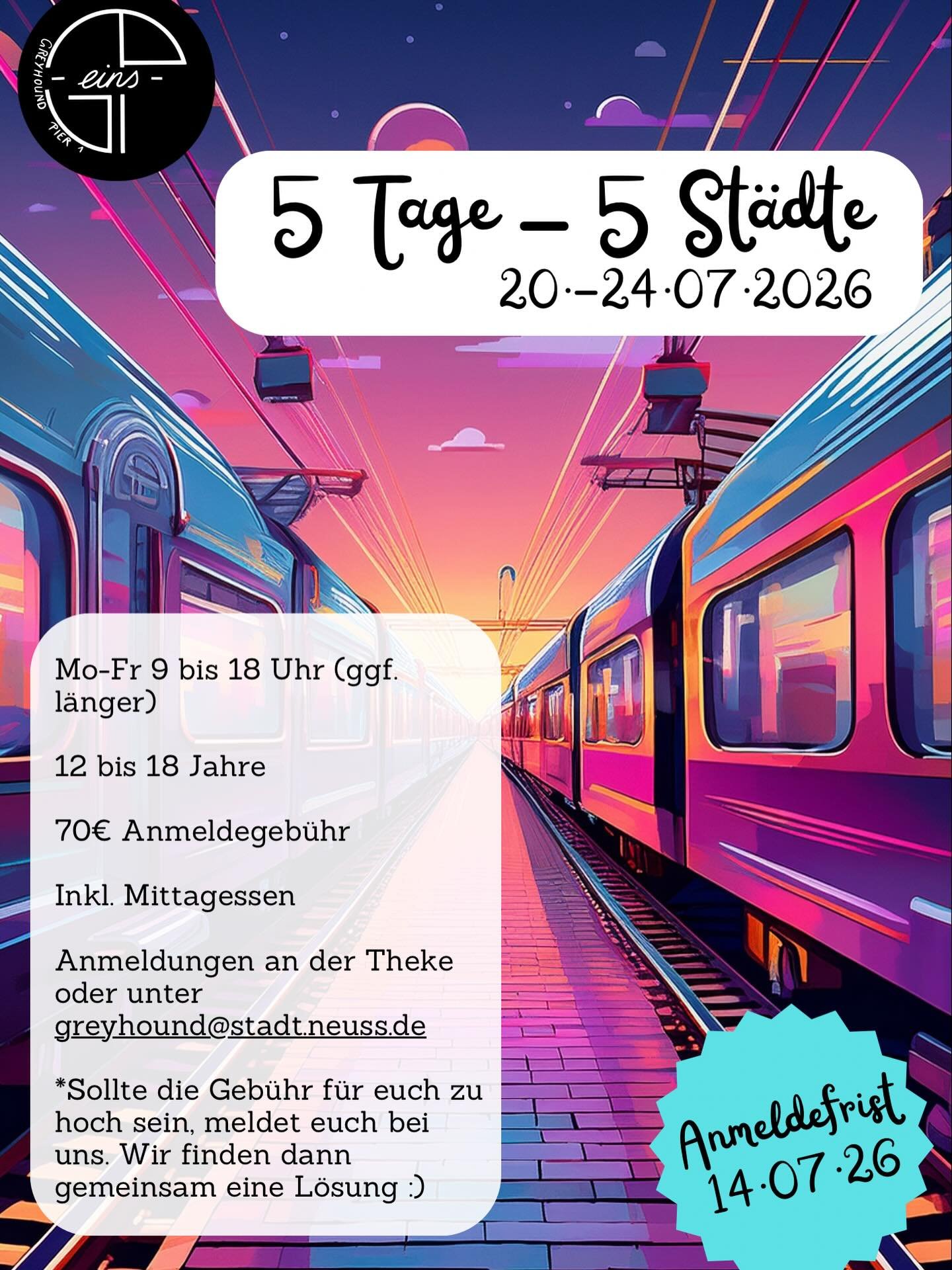 5-Tage-5-St&auml;dte geht in die 2. Runde!

Nach einer erfolgreichen 1. Runde mit der Themenwoche &bdquo;5 Tage - 5 St&auml;dten&ldquo; im letzten Jahr, geht es 2026 in die n&auml;chste Runde mit neuen und unentdeckten St&auml;dten! 

Habt ihr Lust e