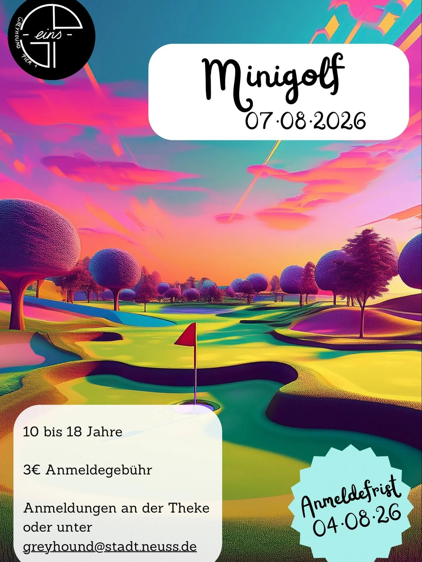 Wer trifft die Kugel ins Loch - und wer landet daneben?
Fordert euch gegenseitig beim Minigolf heraus! Anschlie&szlig;end setzen wir uns gem&uuml;tlich zusammen zu einem gemeinsamen Picknick.
Der Minigolf-Ausflug kostet 3&euro; Anmeldegeb&uuml;hr. Mi