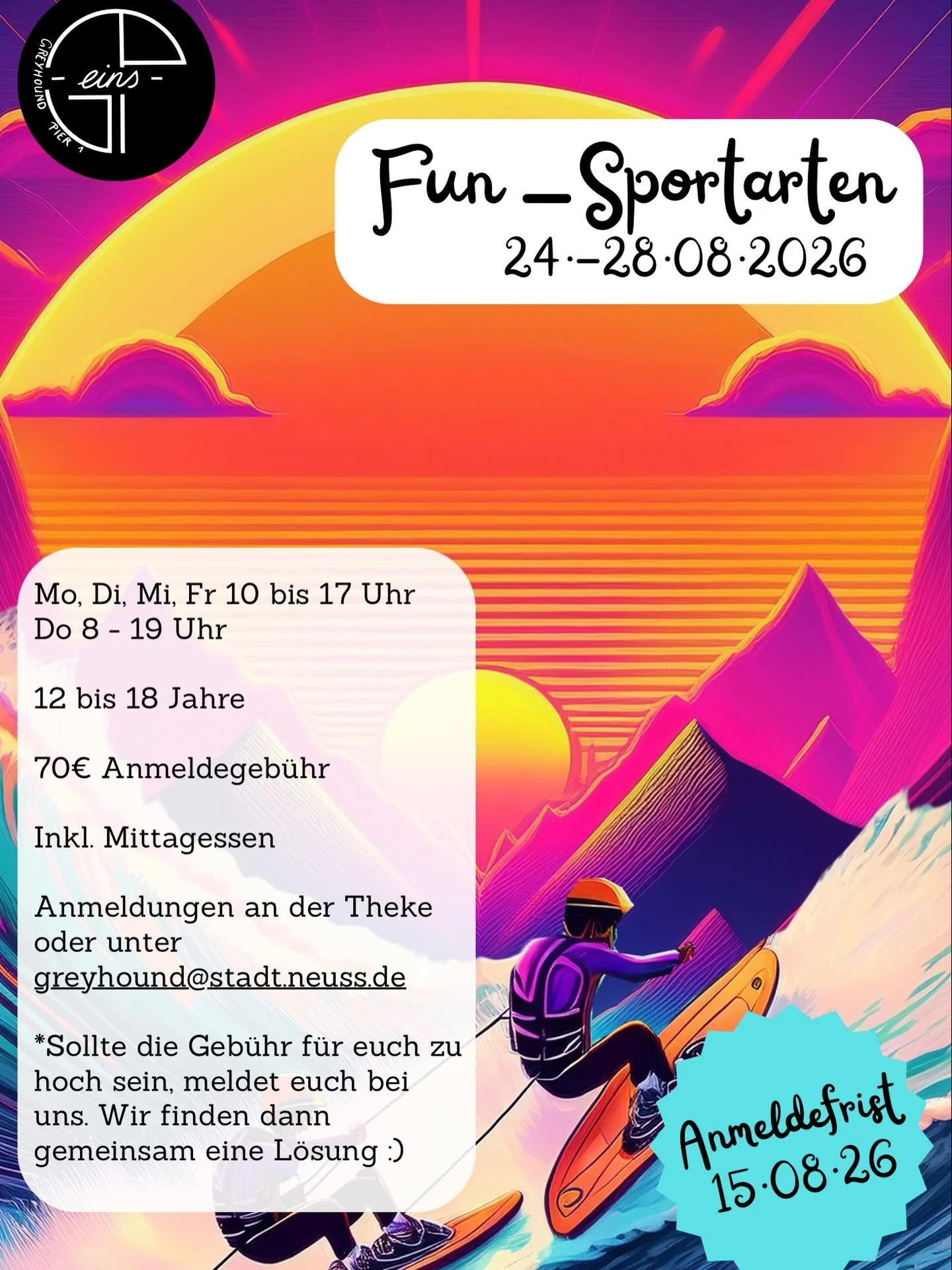 Wenn ihr Lust auf eine sehr abwechslungsreiche Woche voll mit Fun-Sportarten habt, dann seid ihr herzlich dazu eingeladen euch bei uns anzumelden!

Vom 24.-28.08.2026 machen wir jeden Tag eine Fun-Sportart. 5 Tage &ndash; 5 Fun-Sportarten:
- Wassersk