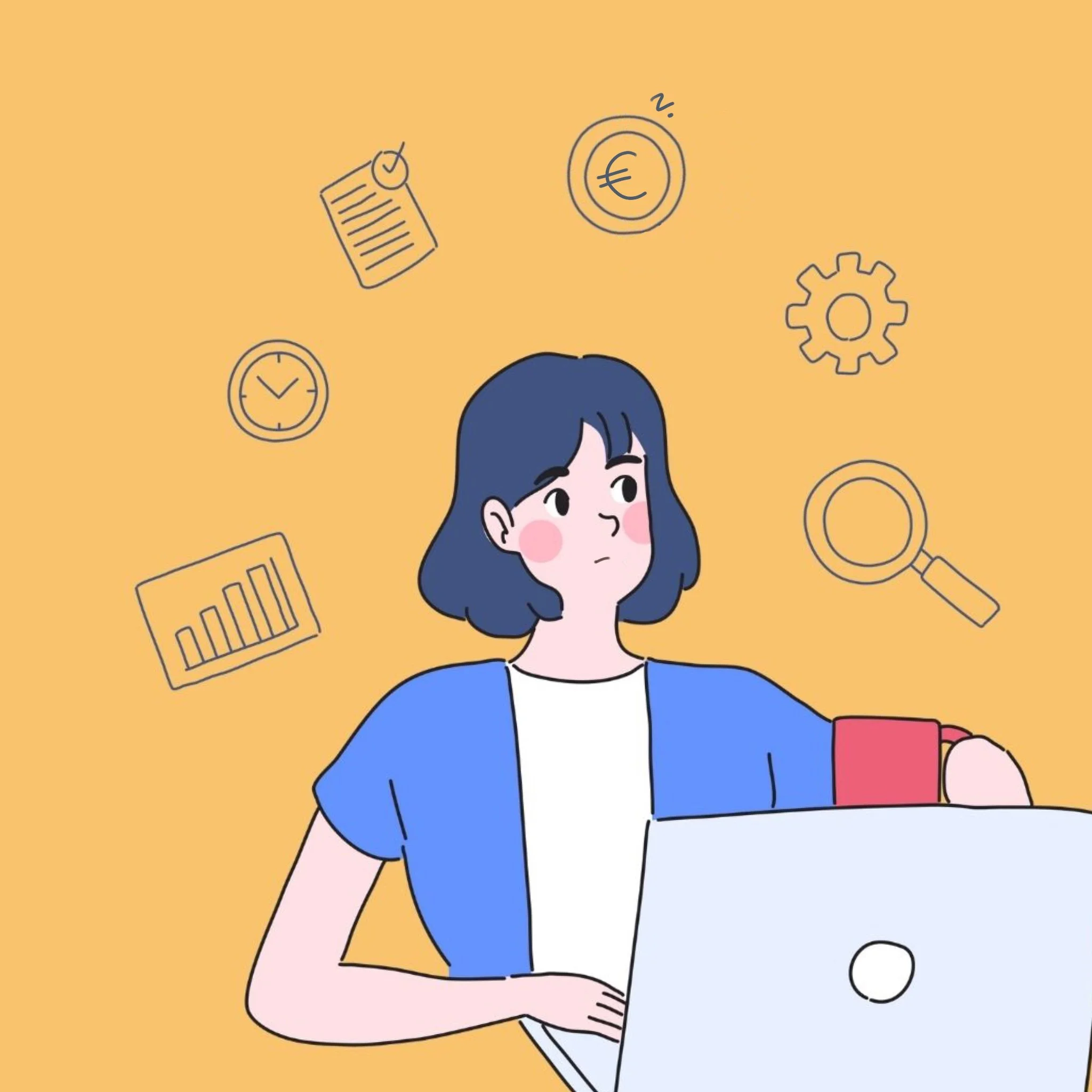 Illustration einer Person mit einem Laptop, umgeben von Symbolen für Zeitmanagement, Finanzen, Diagrammanalyse und Recherche auf gelbem Hintergrund.