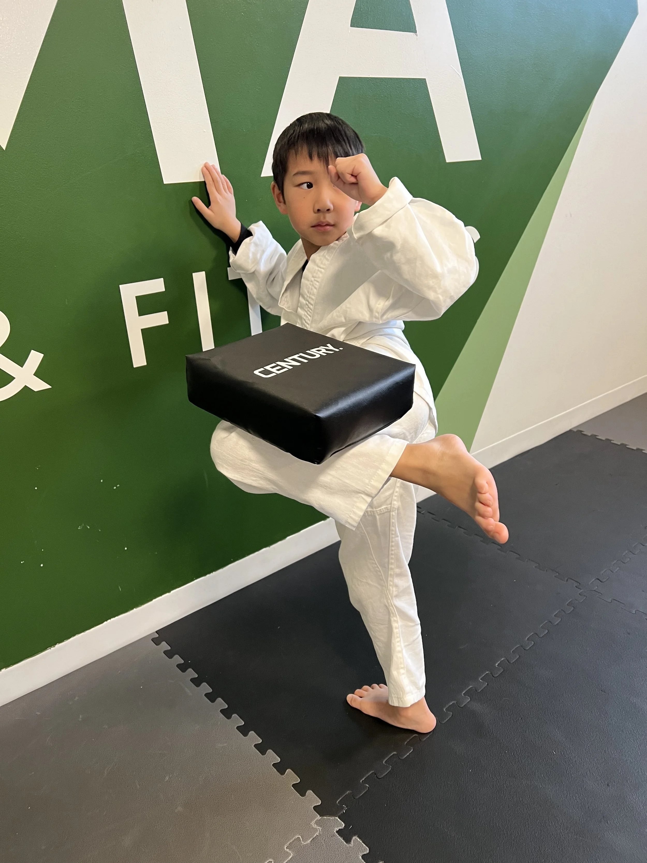A young boy in a white martial arts uniform practicing a martial arts stance in a gym with a green wall and black mat.