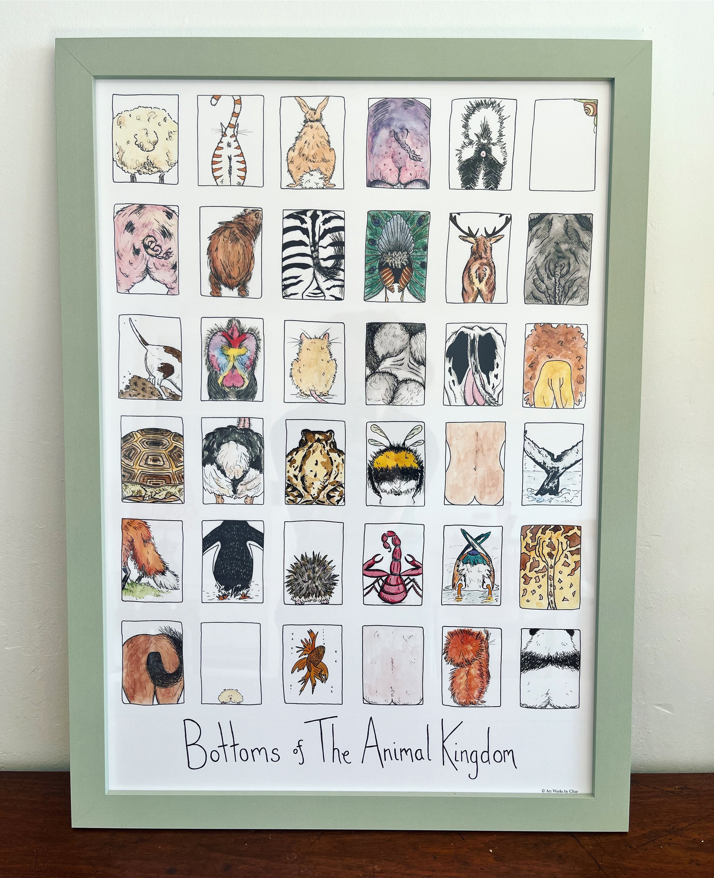 Framed Animal Bottoms illustration in Green