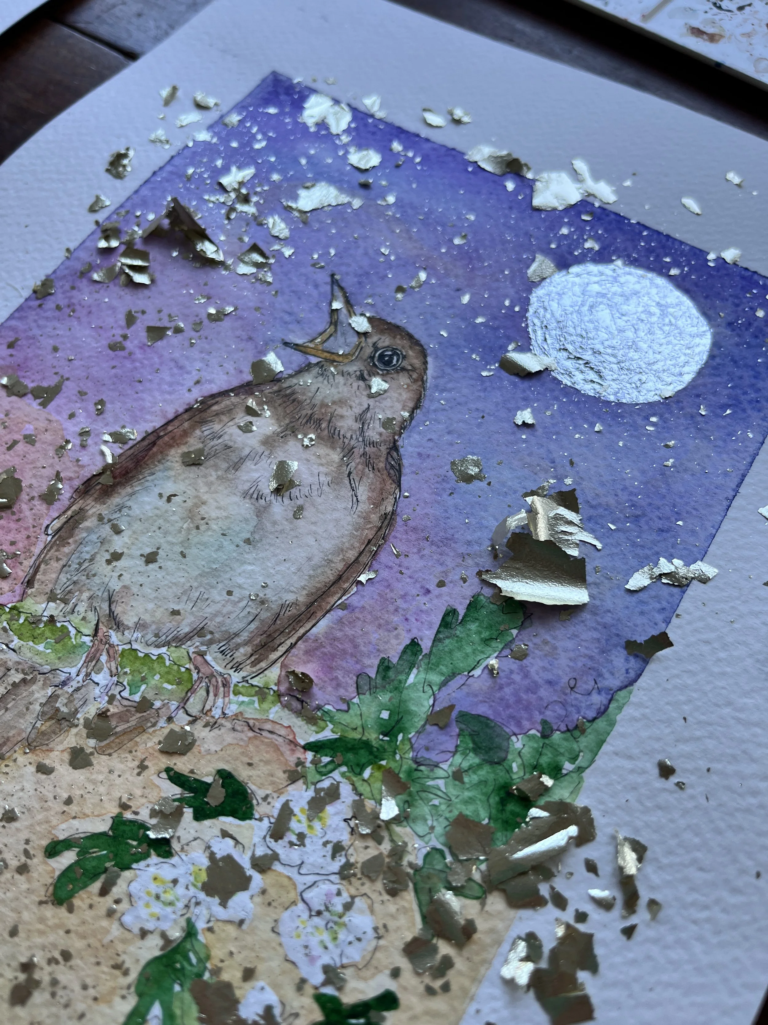 Watercolour Nightingale with gold and silver leaf