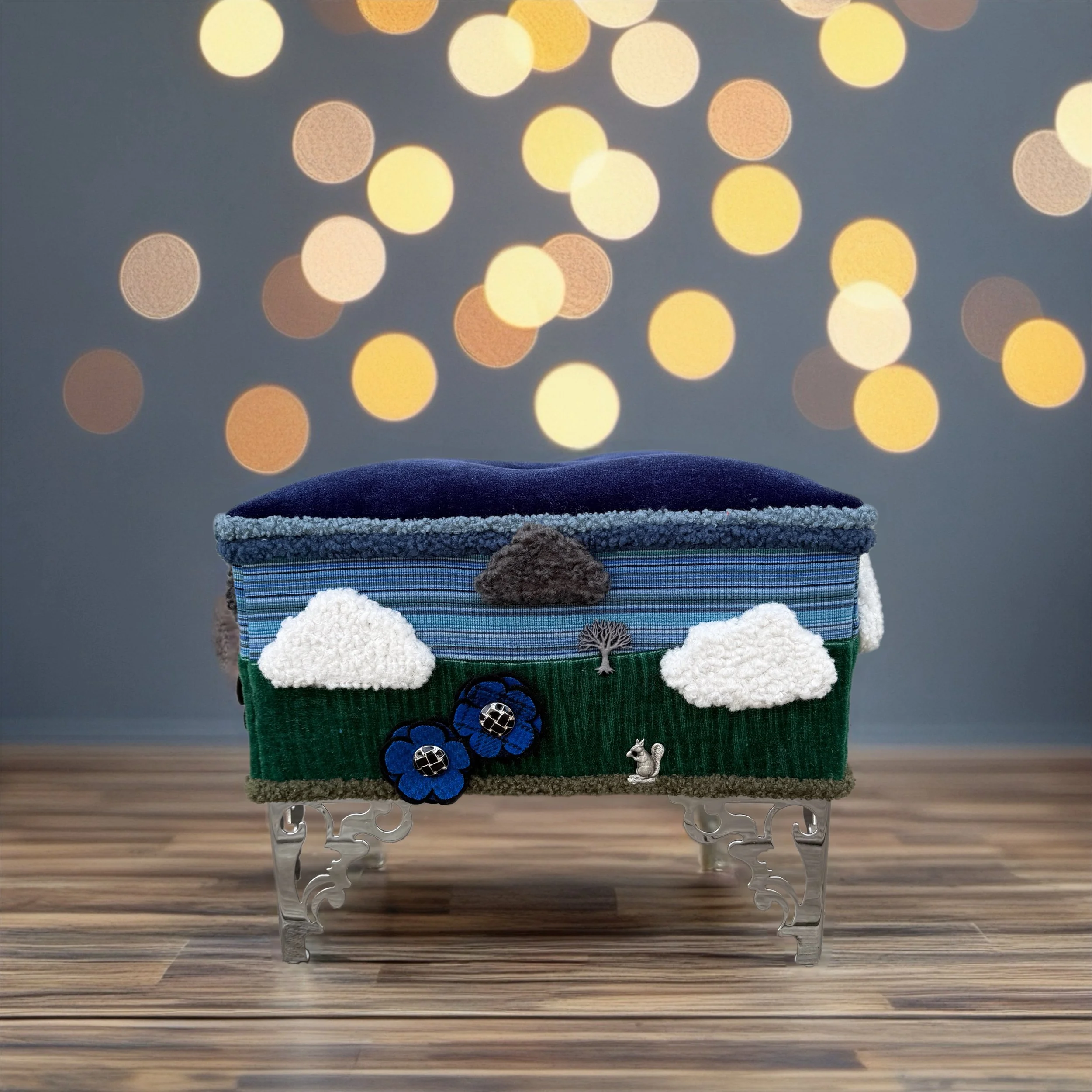 Blue Flower & Tree Footstool