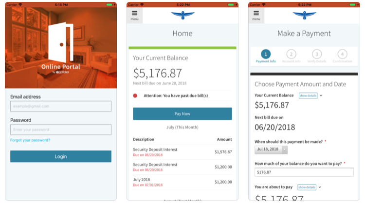 Screenshots of an online portal app displaying login page, account balance and bill payment interface for managing bills.