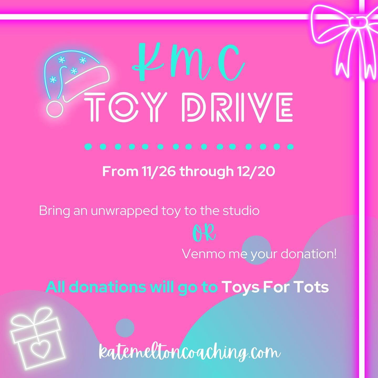 Tis the season of giving and this year at KMC I&rsquo;m doing a Toy Drive! 🎁

Bring an unwrapped toy to the studio from November 26th-December 20th and I will take them to Toys for Tots! Or if you wish to send a monetary donation, you can Venmo me a