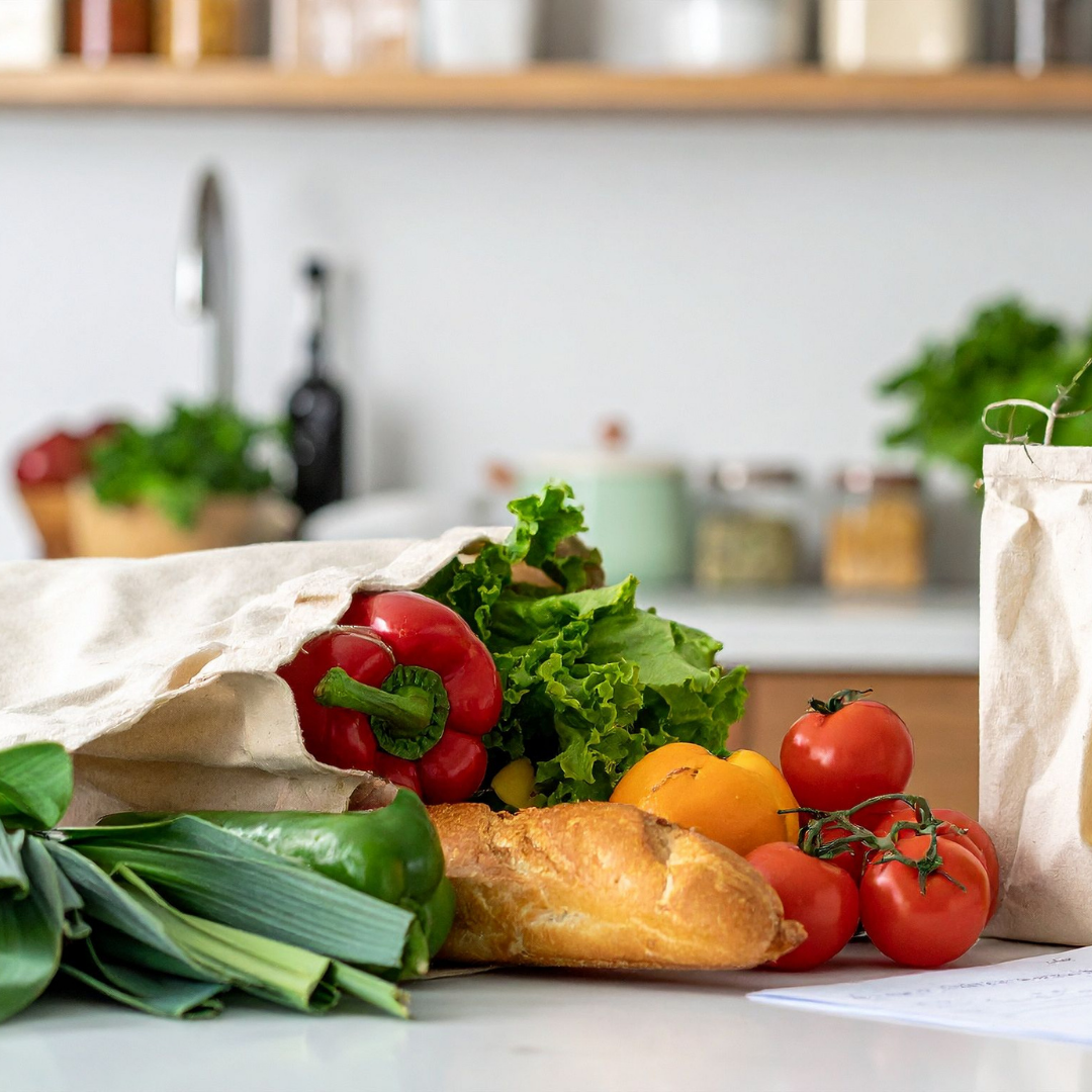 Vegetables, fruits, and bread arranged on the table