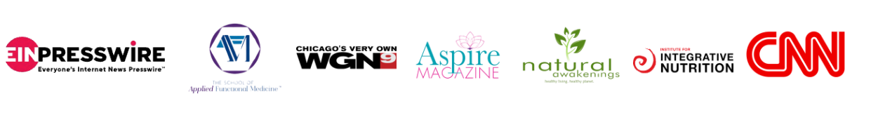 Press logos including EIN Presswire, Applied Functional Medicine, Chicago’s Very Own WGN9, Aspire Magazine, Natural Awakenings, Integrative Nutrition, and CNN