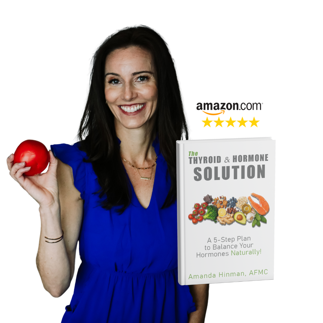 Amanda Hinman holding an apple with amazon logo and the thyroid & hormone solution book