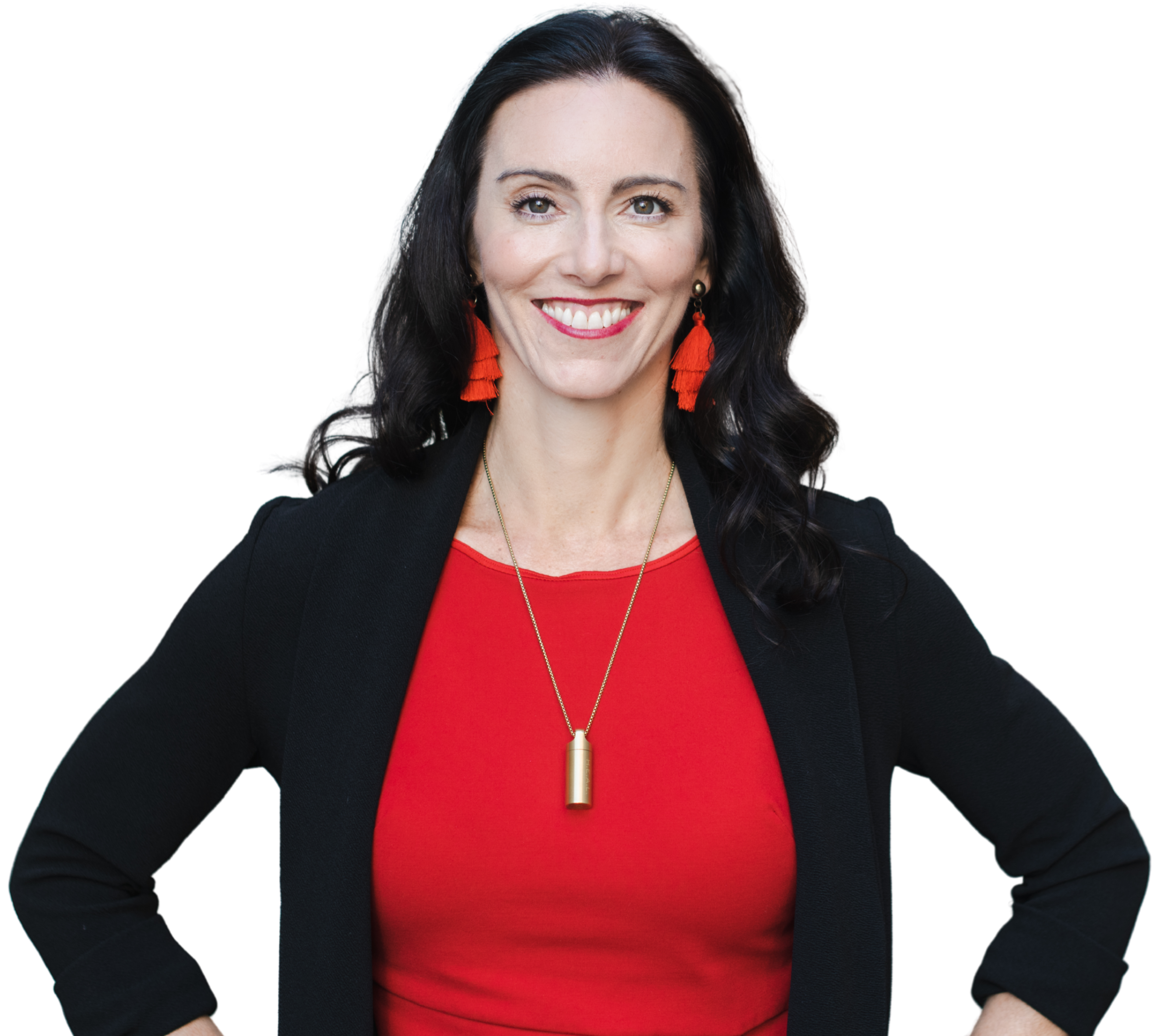 Amanda Hinman wearing a red dress, smiling in a headshot portrait