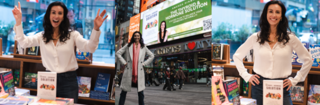Amanda Hinman posing in New York Times Square with her book The Thyroid & Hormone Solution