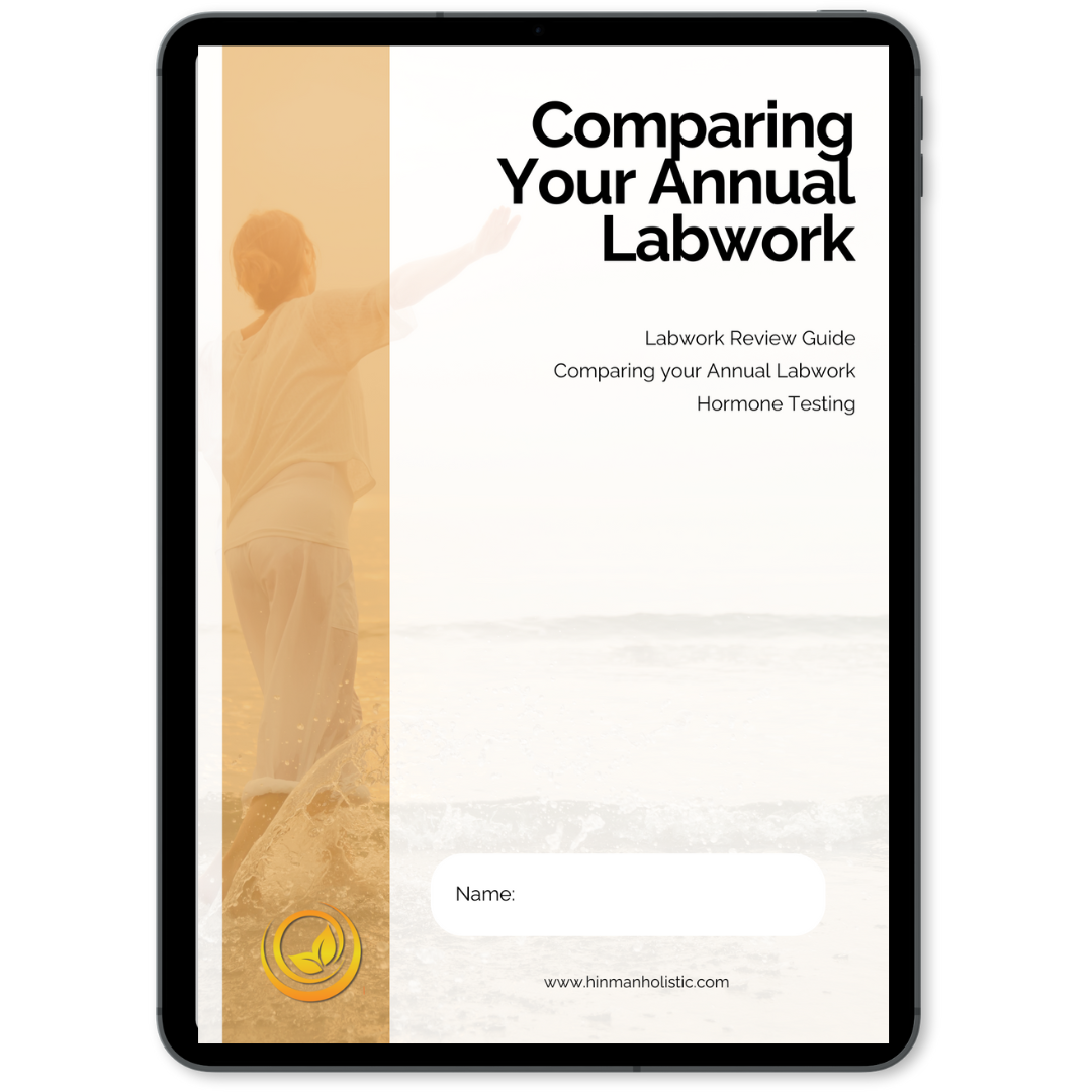 A tablet displaying the cover of the Annual Labwork Review Guide with Amanda