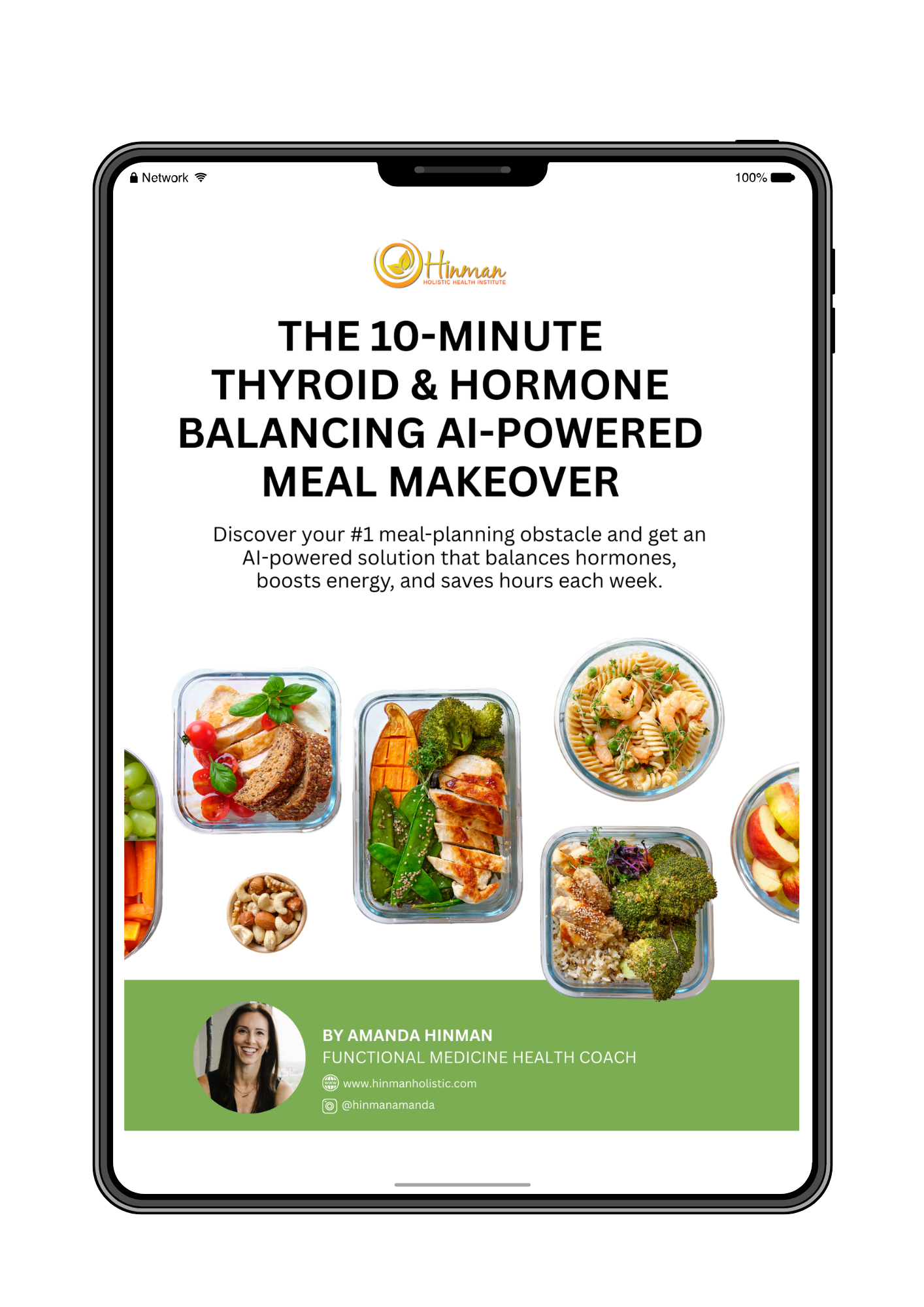 A tablet screen displaying the cover of The 10-Minute Thyroid & Hormone Balancing AI-Powered Meal Makeover