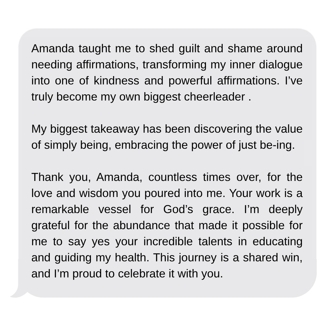 A testimonial thanking Amanda Hinman for her love and wisdom