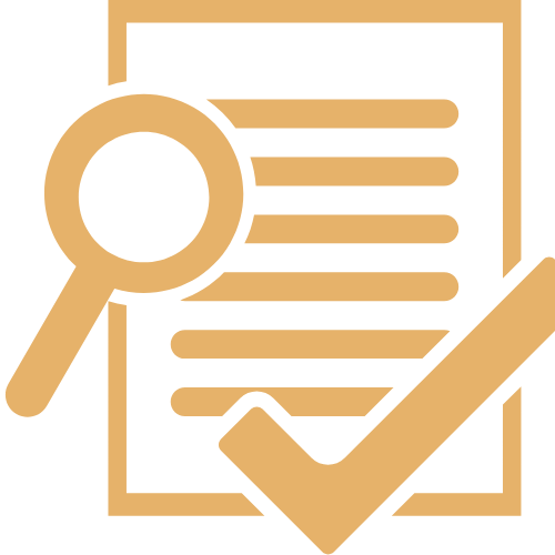 Graphic of a document with a checkmark and a magnifying glass symbol