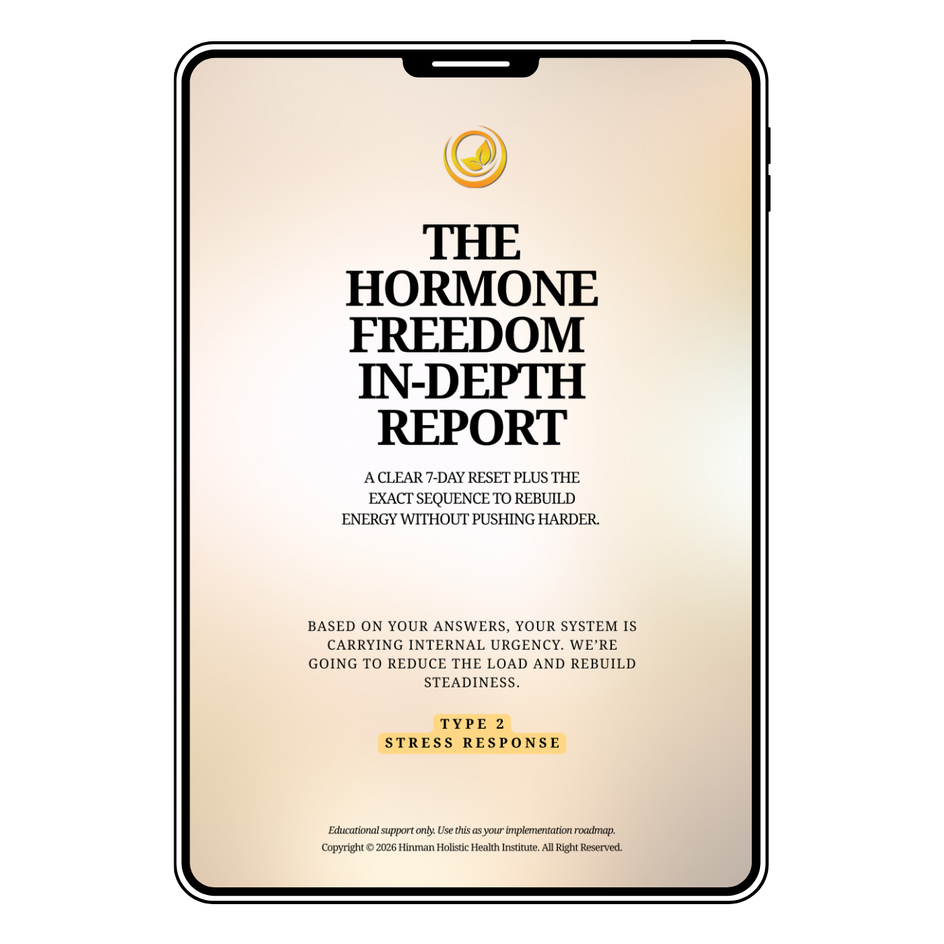 A phone screen displaying the cover of the Hormone Freedom Type 2 In-Depth Report