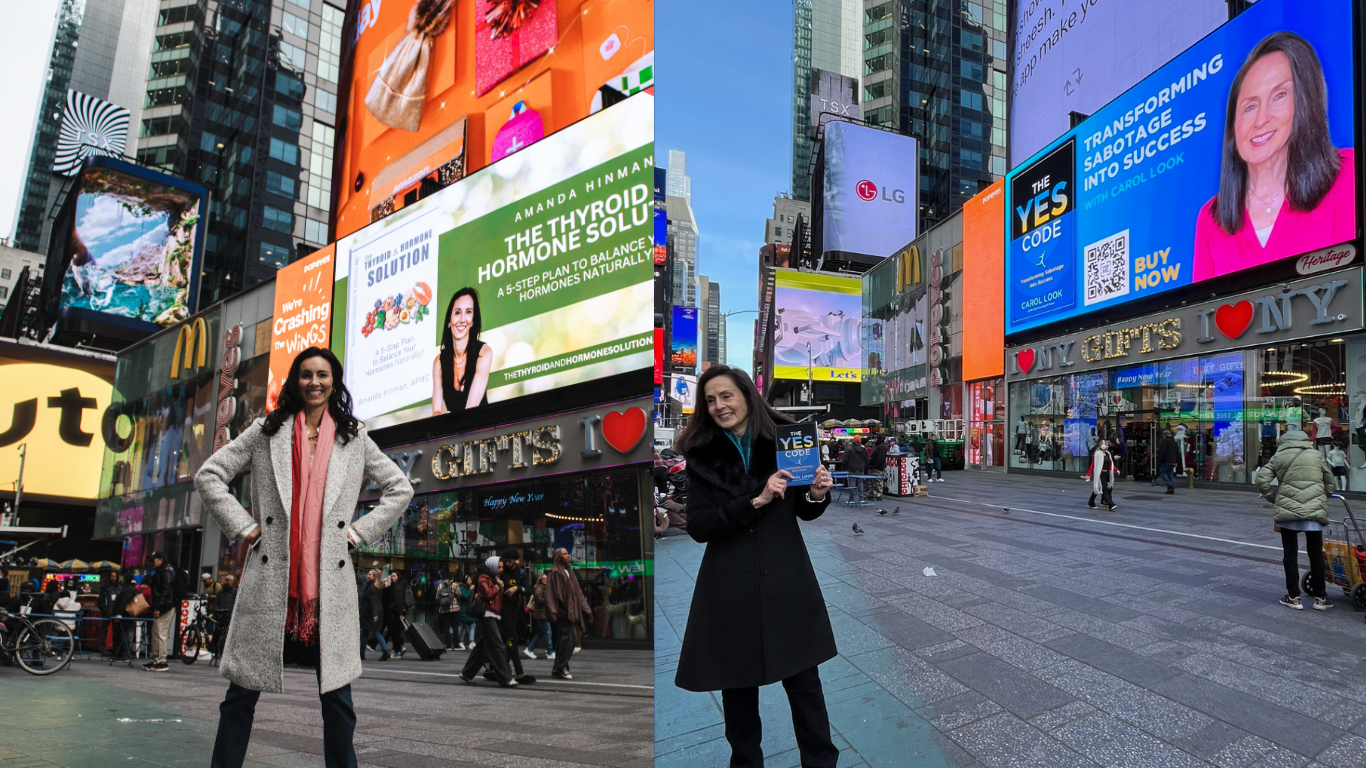 Amanda Hinman and Carol Look showcasing their book on a New York Times Square billboard