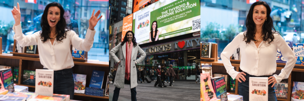 Amanda Hinman posing in New York Times Square with her book The Thyroid & Hormone Solution