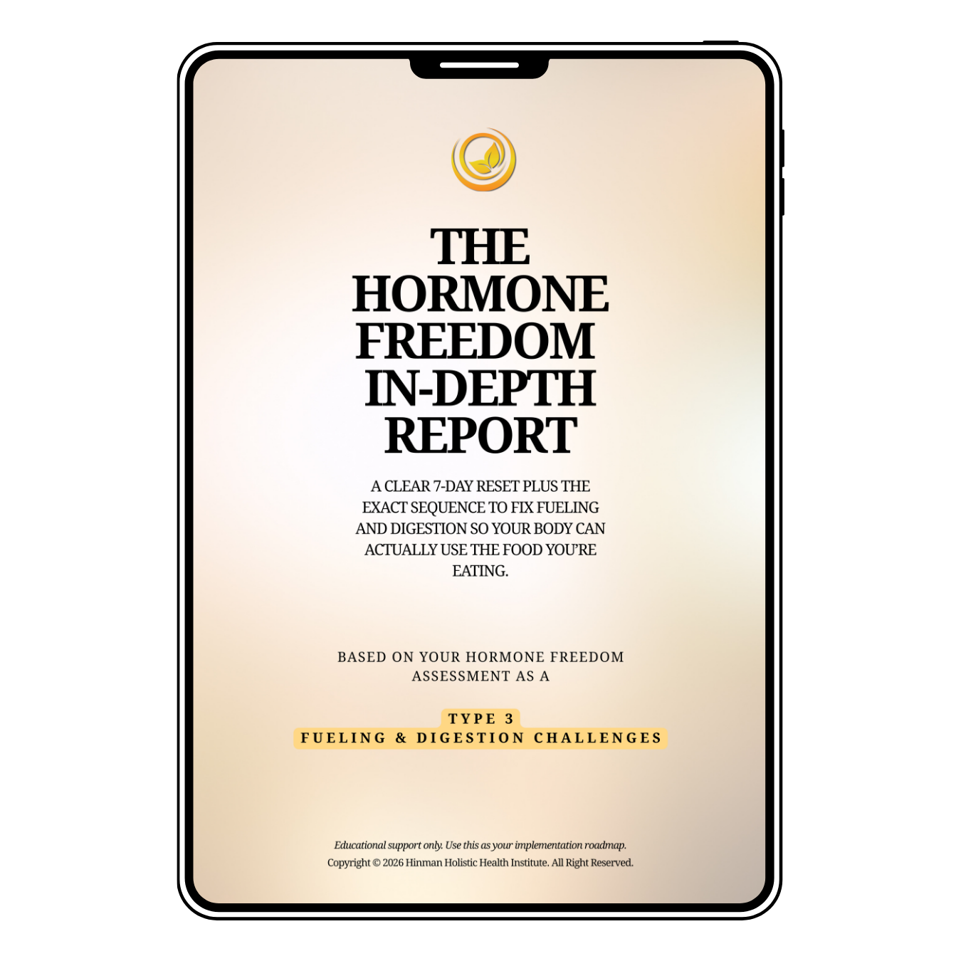 A phone screen displaying the cover of the Hormone Freedom Type 3 In-Depth Report