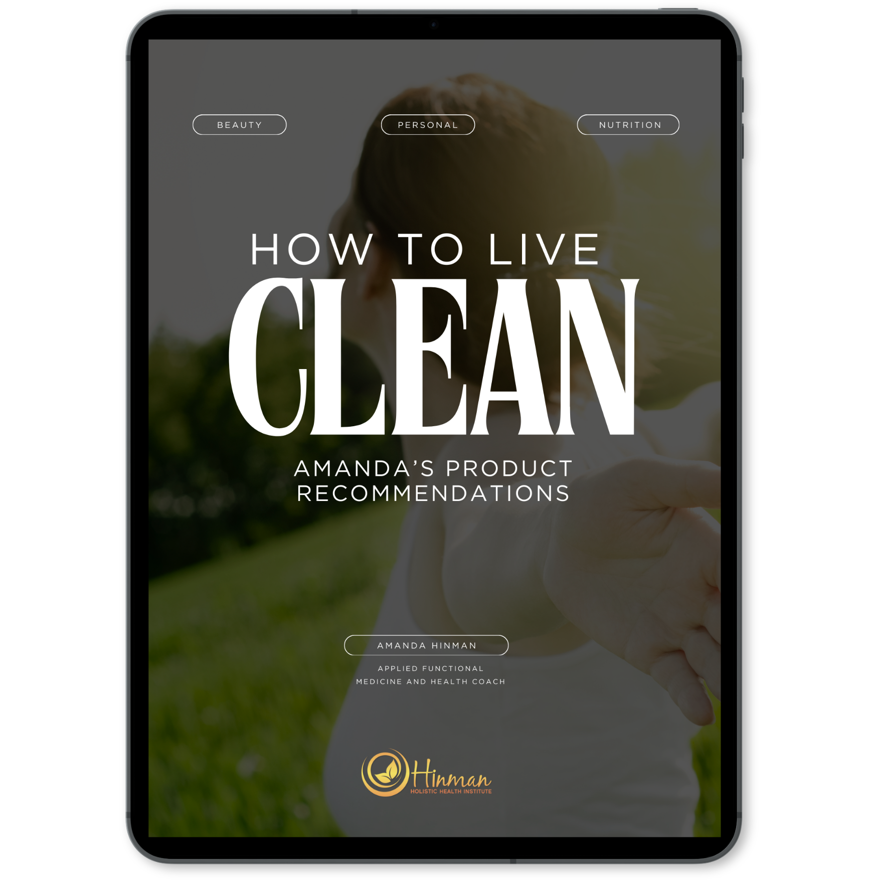 A tablet displaying the cover of the Clean Living Guide