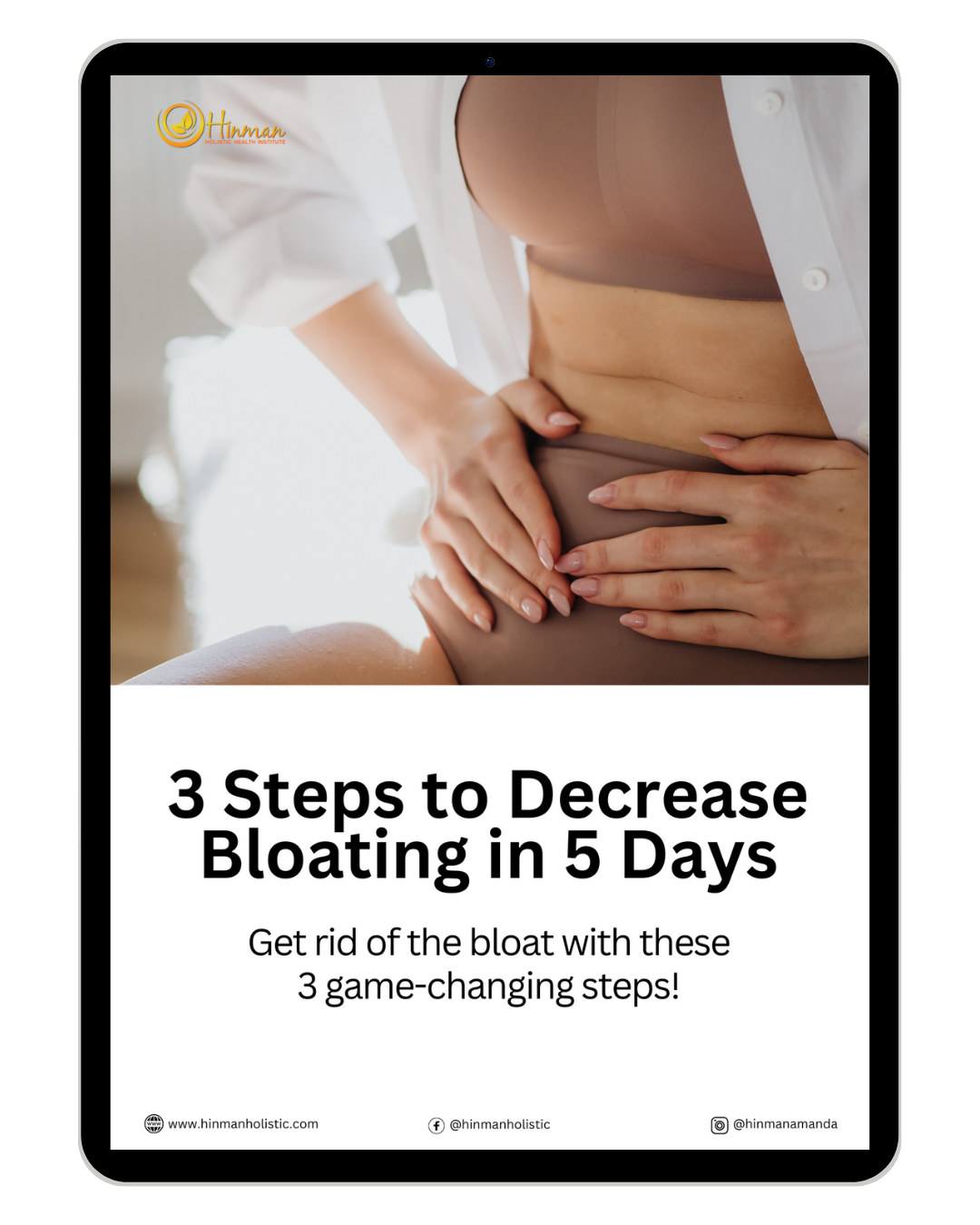 A tablet screen displaying “3 Steps to Decrease Bloating.”