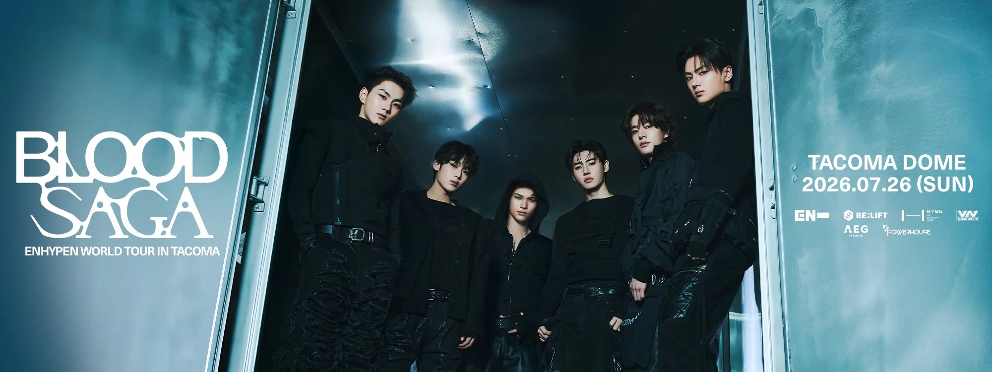 Graphic of ENHYPEN World Tour in Tacoma Blood Saga. At the Tacoma Dome on Sunday, July 26.