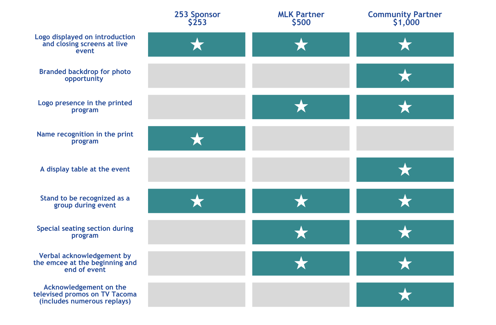 Graphic of sponsorship opportunities levels and benefits in a table with teal, gray and white stars
