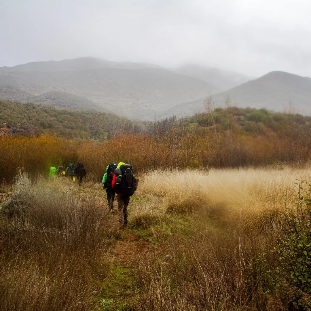 Hikers walking through a grassy trail in a mountain landscape with overcast sky and distant hills.
