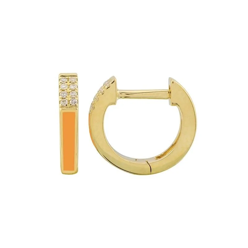 Orange Enamel Pave Diamond Yellow Gold Huggie Hoop Earrings