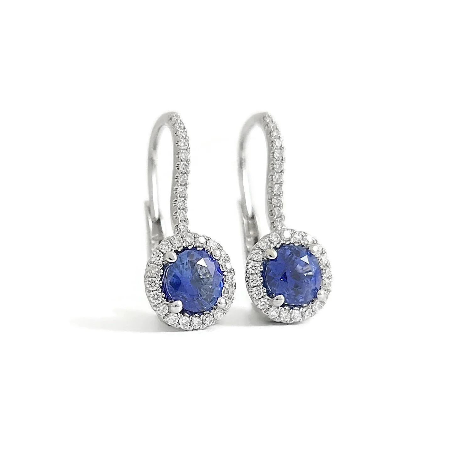 Round Sapphire Diamond Halo Drop Earrings in White Gold