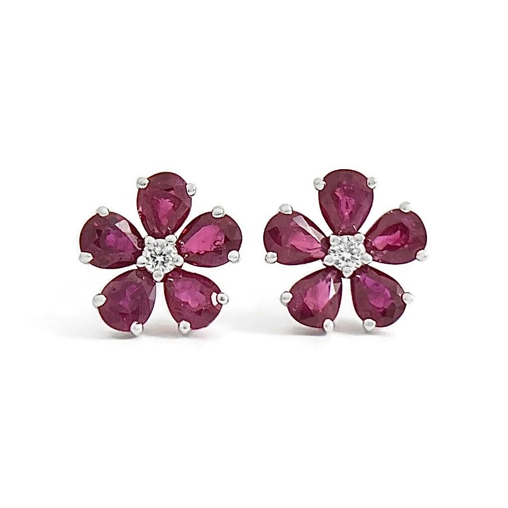 Ruby Diamond Flower Stud Earrings in White Gold