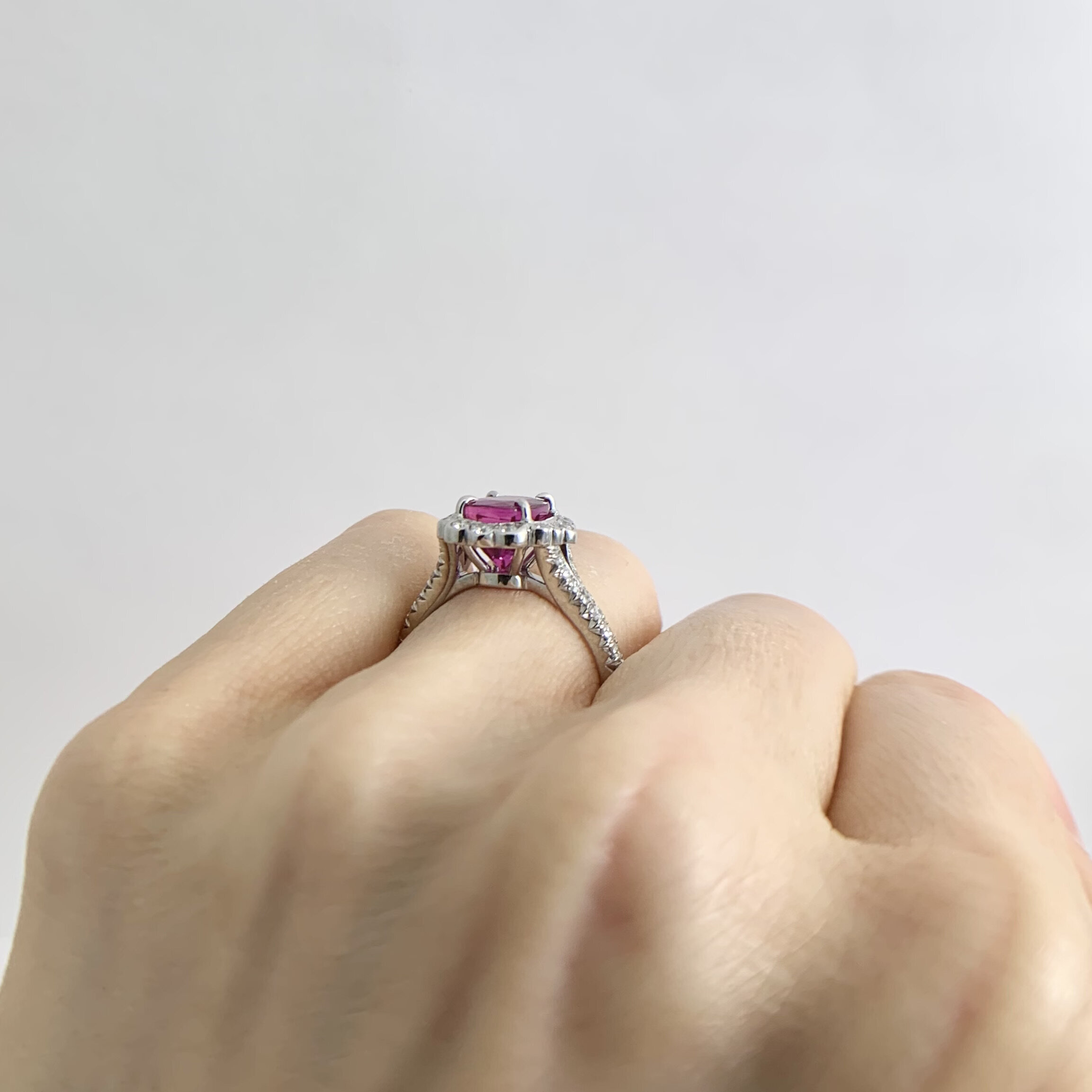 6.50 ct cushion pink sapphire halo diamond engagement ring, Pink sapphire  ring – Lilo Diamonds