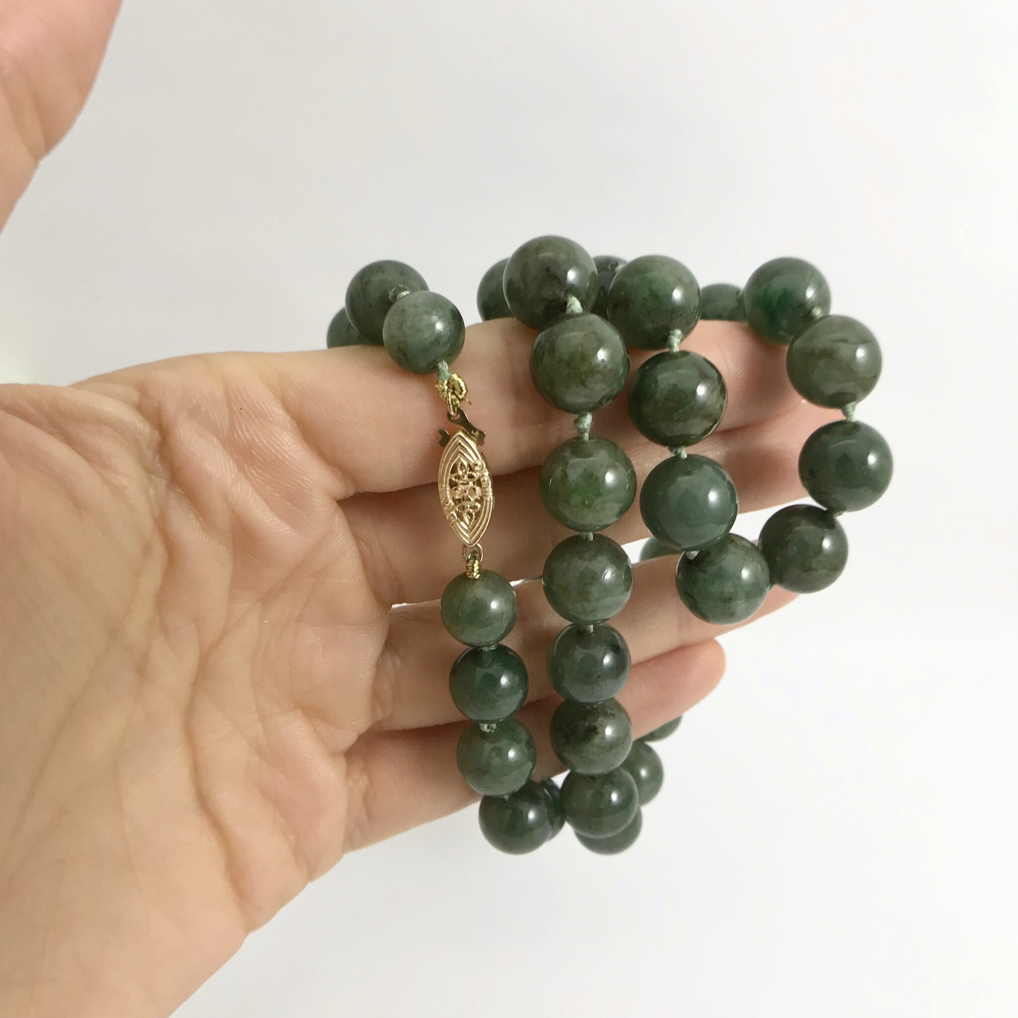 Olive Green Jade & Baroque Pearls Beaded Necklace, Gold Bronze, 20