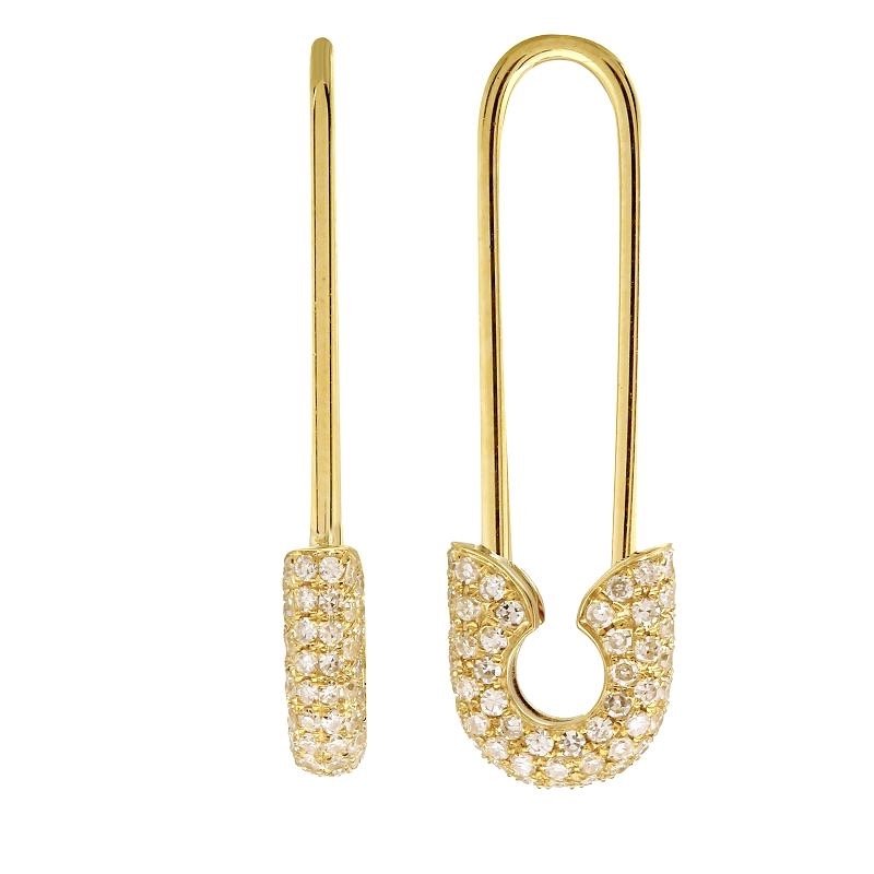 Stunning 14K Gold and Diamond Safety Pin Earring Yellow Gold / Long