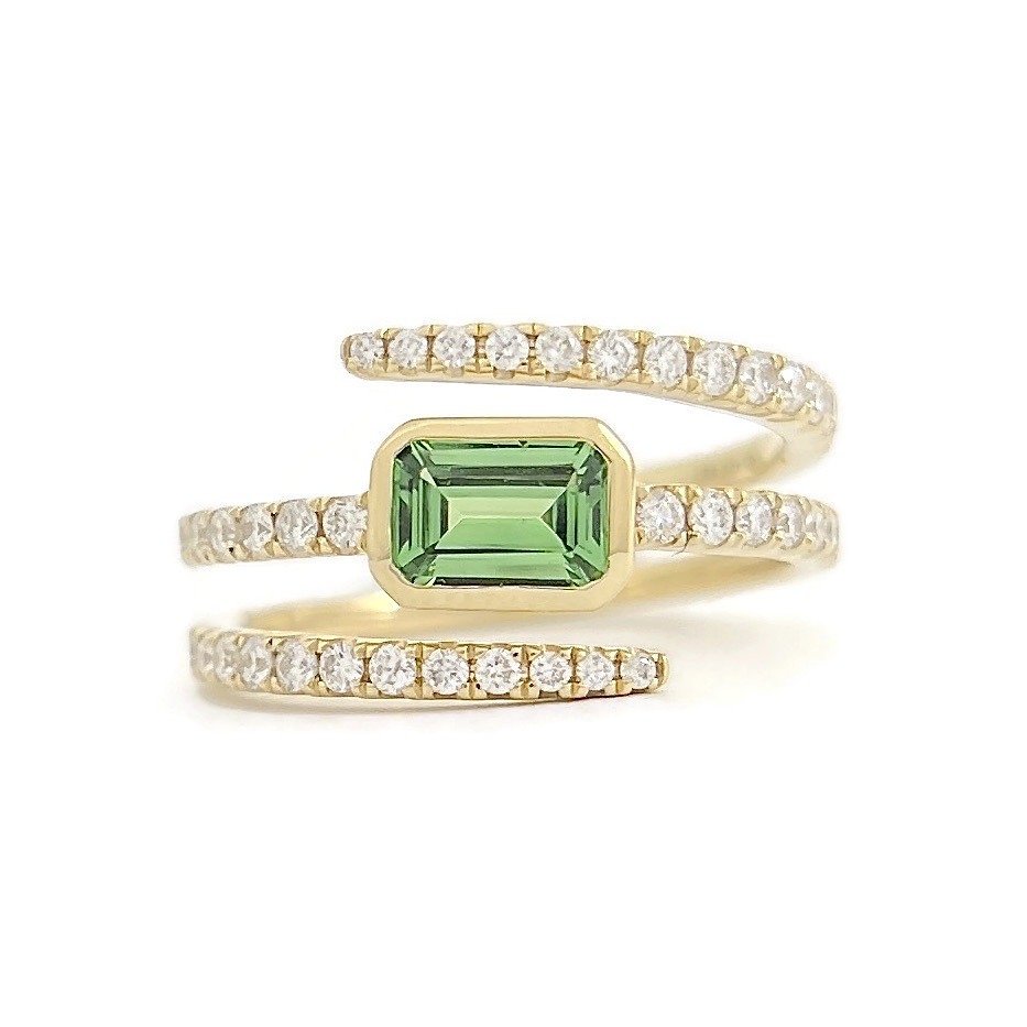 Green Tsavorite Gemstone Diamond Spiral Ring in Yellow Gold