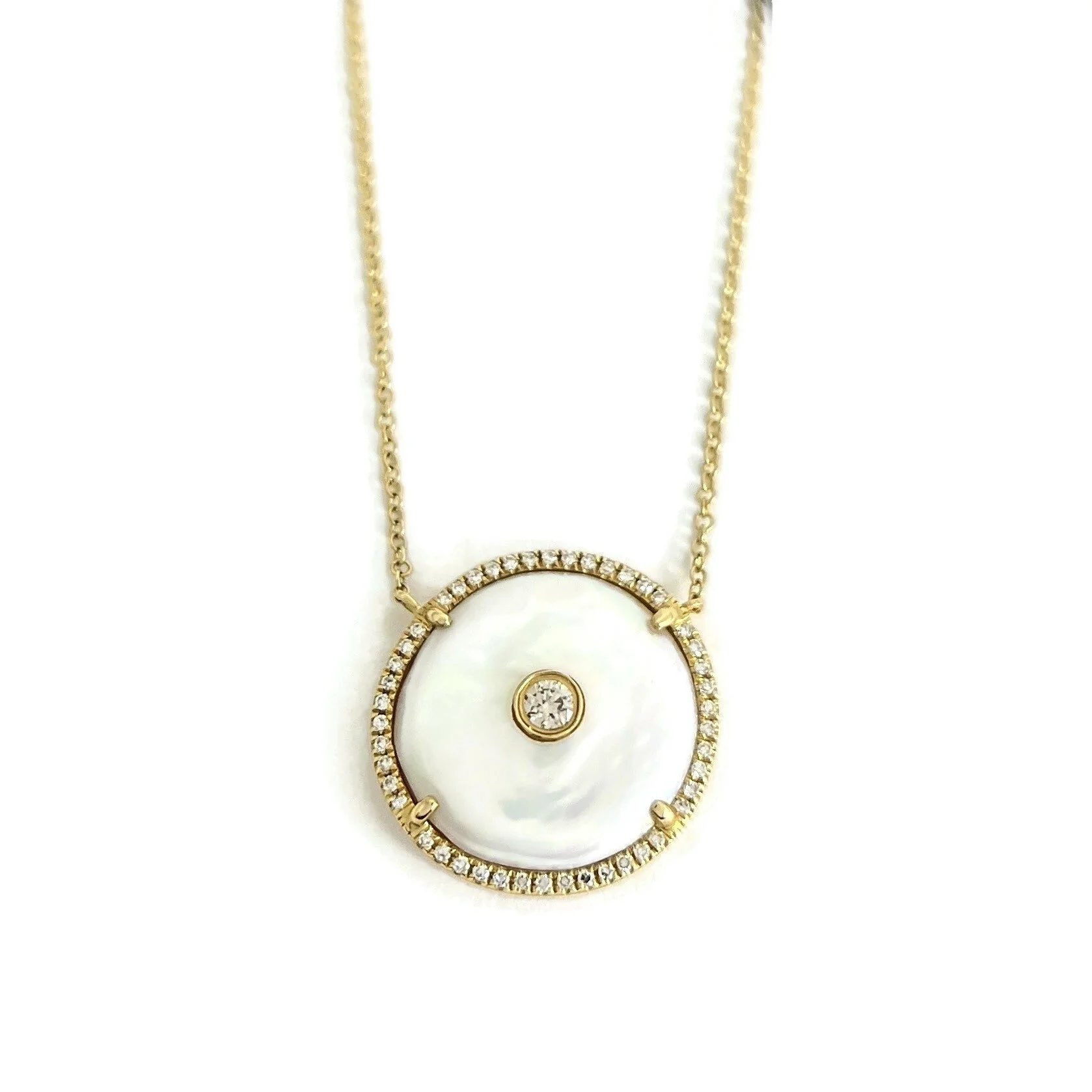 Round Mabe Pearl Diamond Halo Pendant Necklace in Yellow Gold