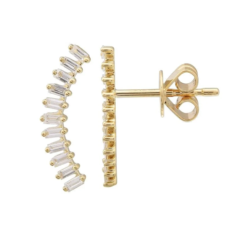 Curved Baguette Diamond Crawler Stud Earrings in Yellow Gold