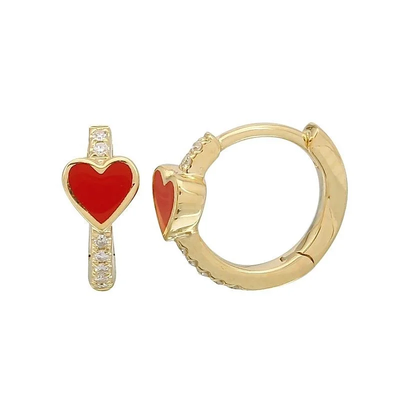 Red Enamel Heart Diamond Huggie Earrings in Yellow Gold