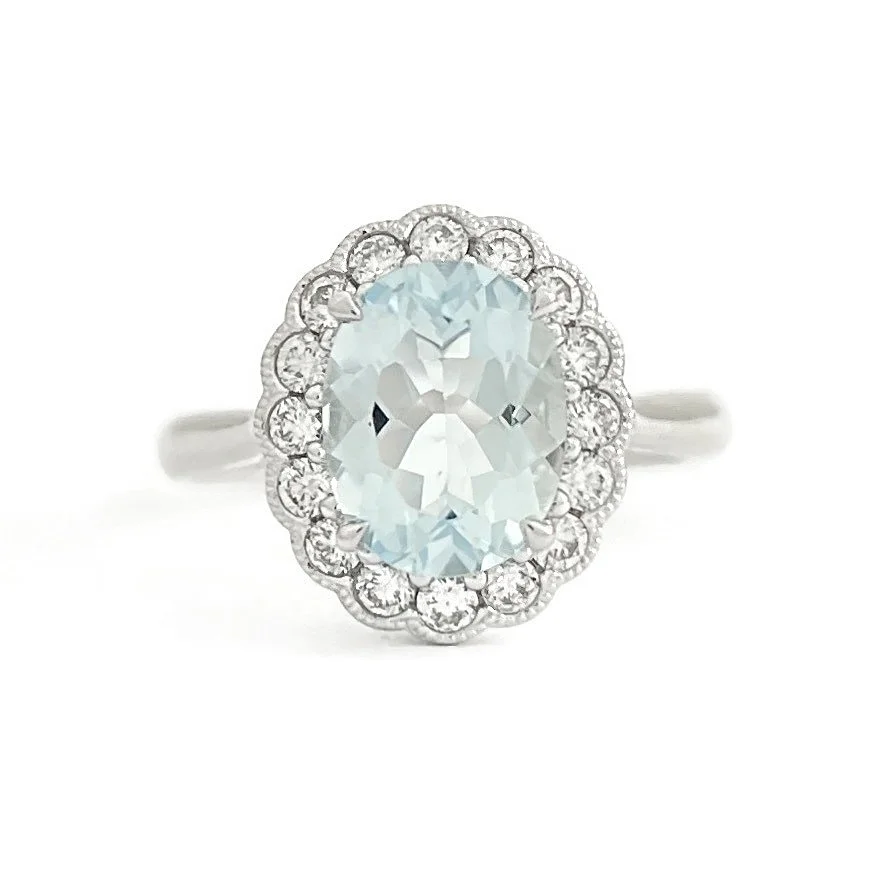 Oval Aquamarine Diamond Halo Ring in White Gold