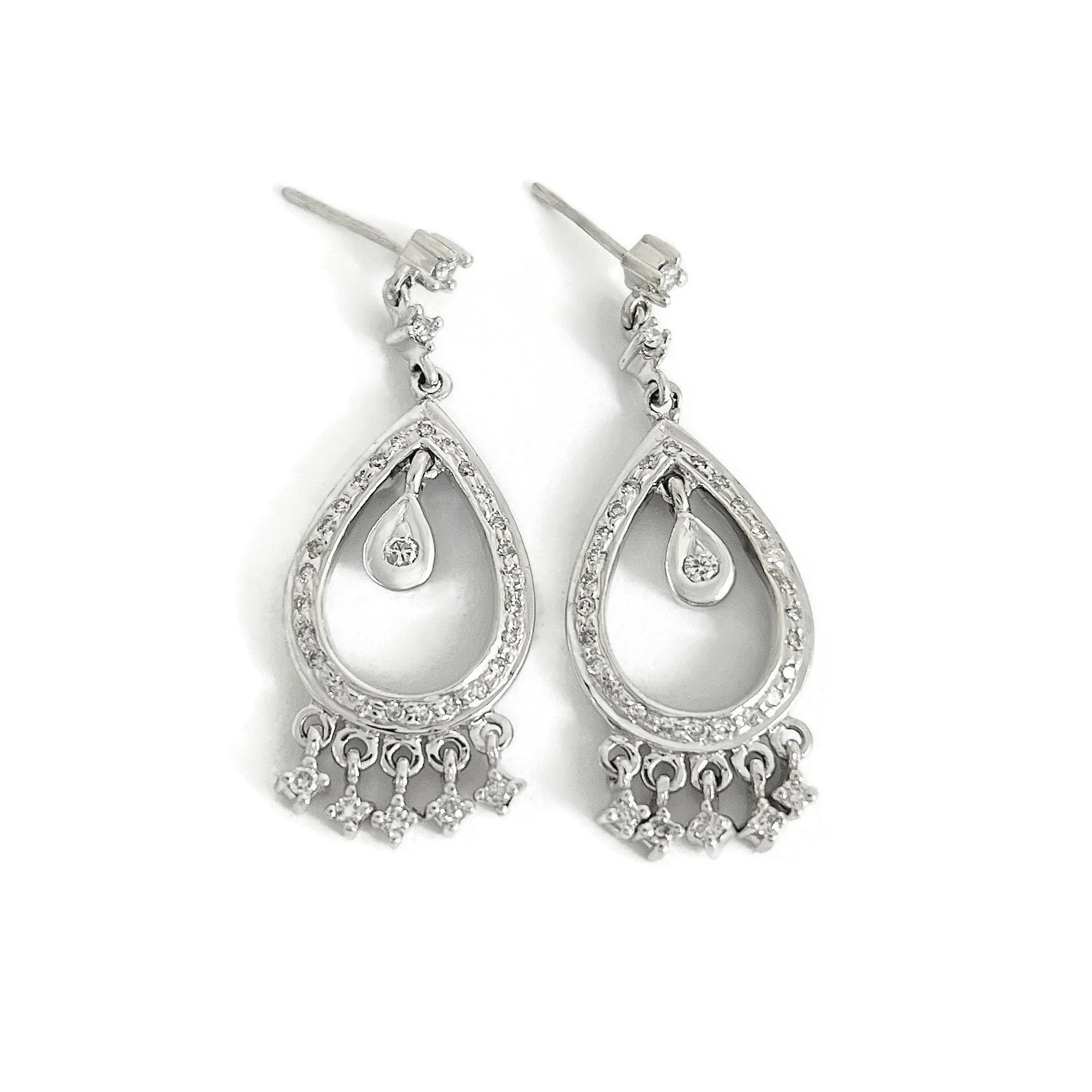 Diamond Teardrop Fringe Dangle Drop Earrings in White Gold
