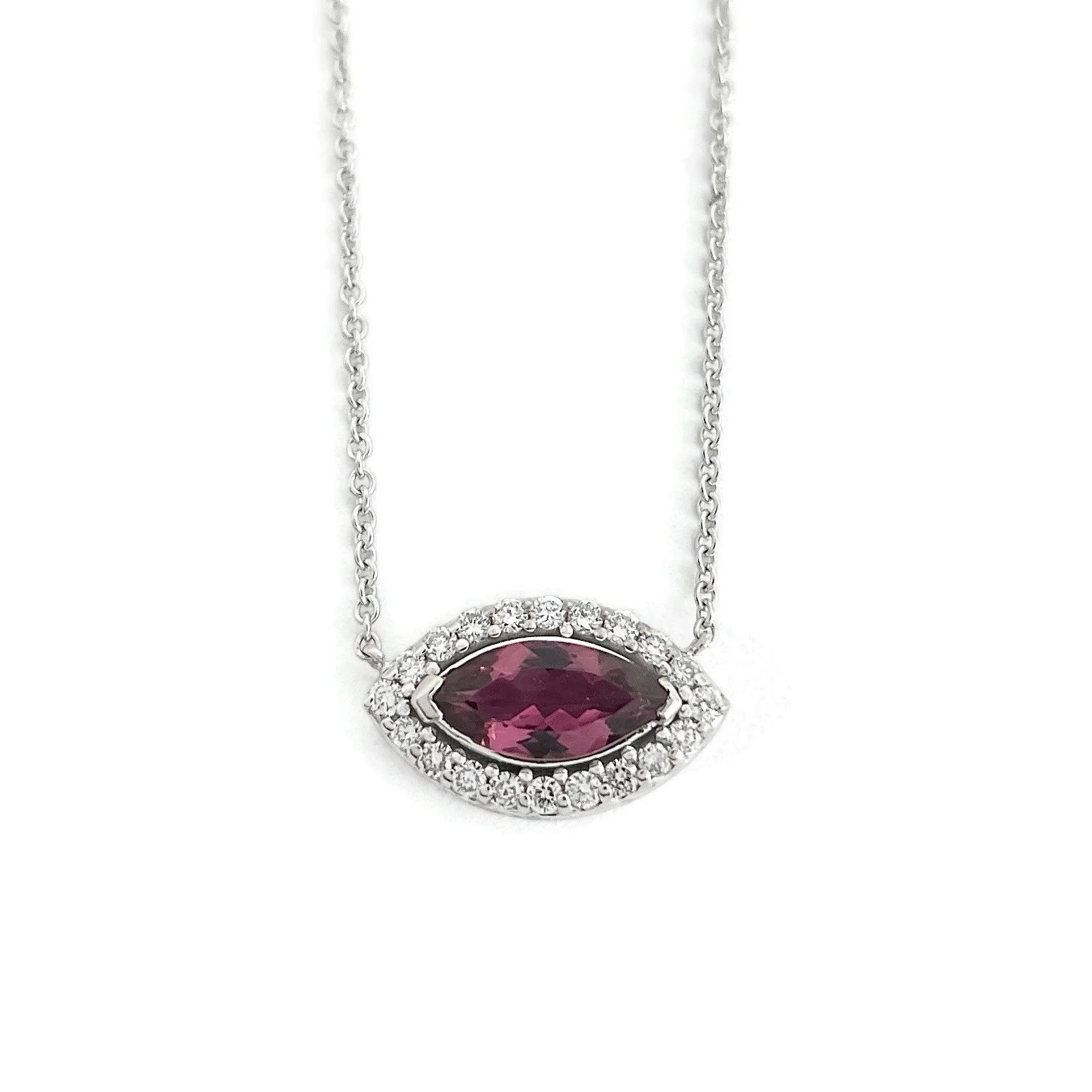 Marquise Pink Tourmaline Diamond Halo Pendant Necklace in White Gold