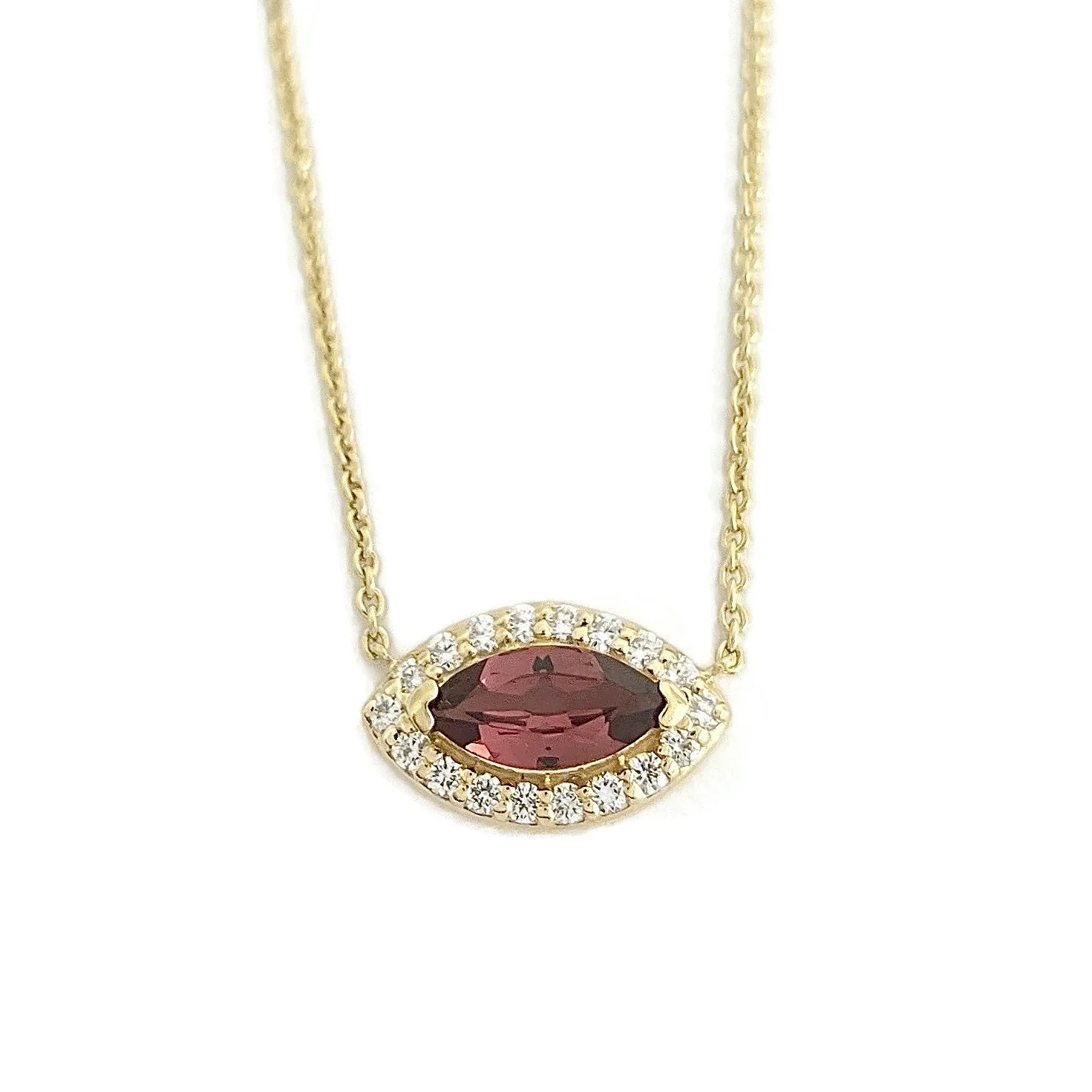 Marquise garnet diamond halo pendant necklace in yellow gold