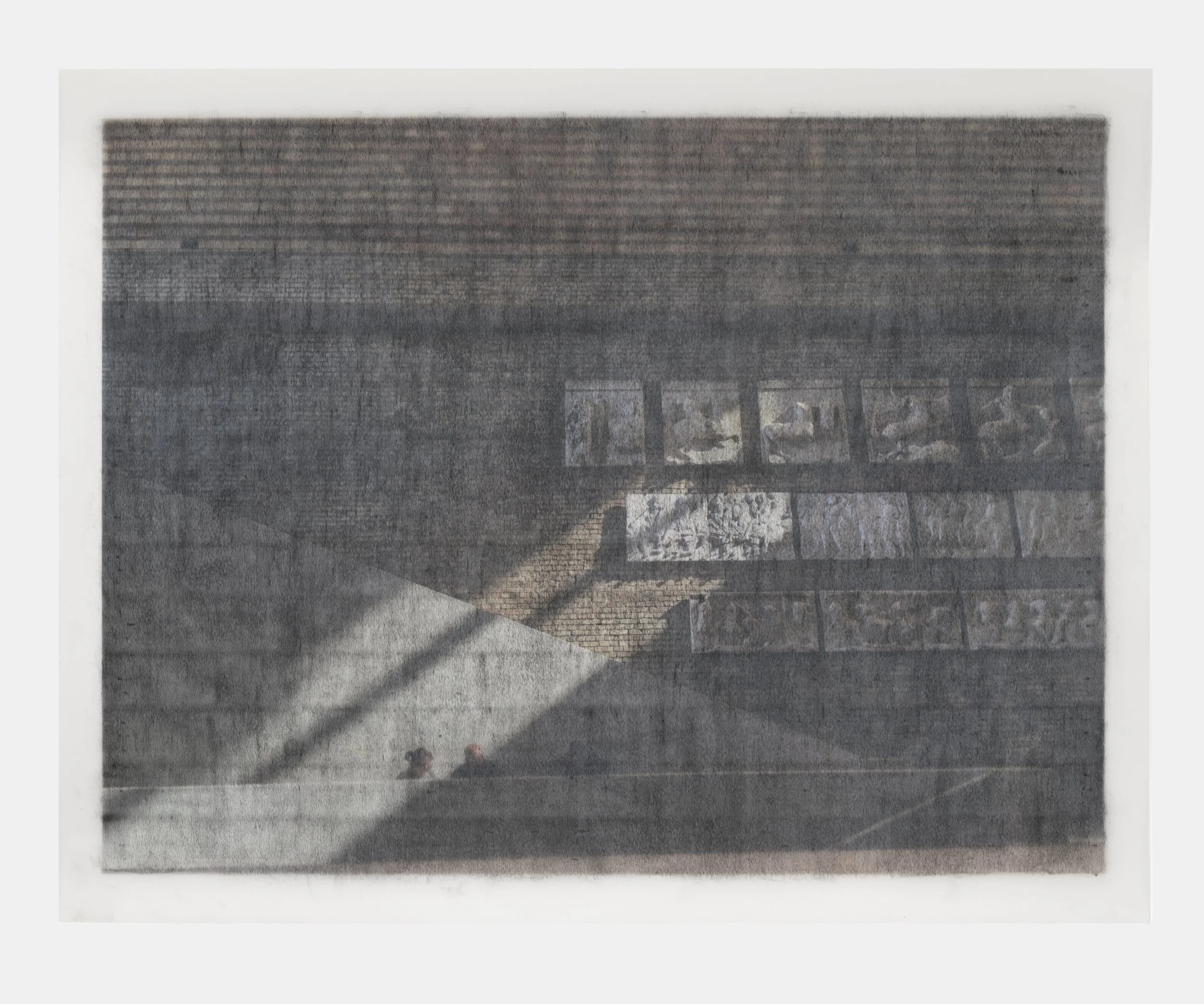 Untitled (in light), 2021, graphite rubbing on vellum, archival pigment print, 22" x 17"