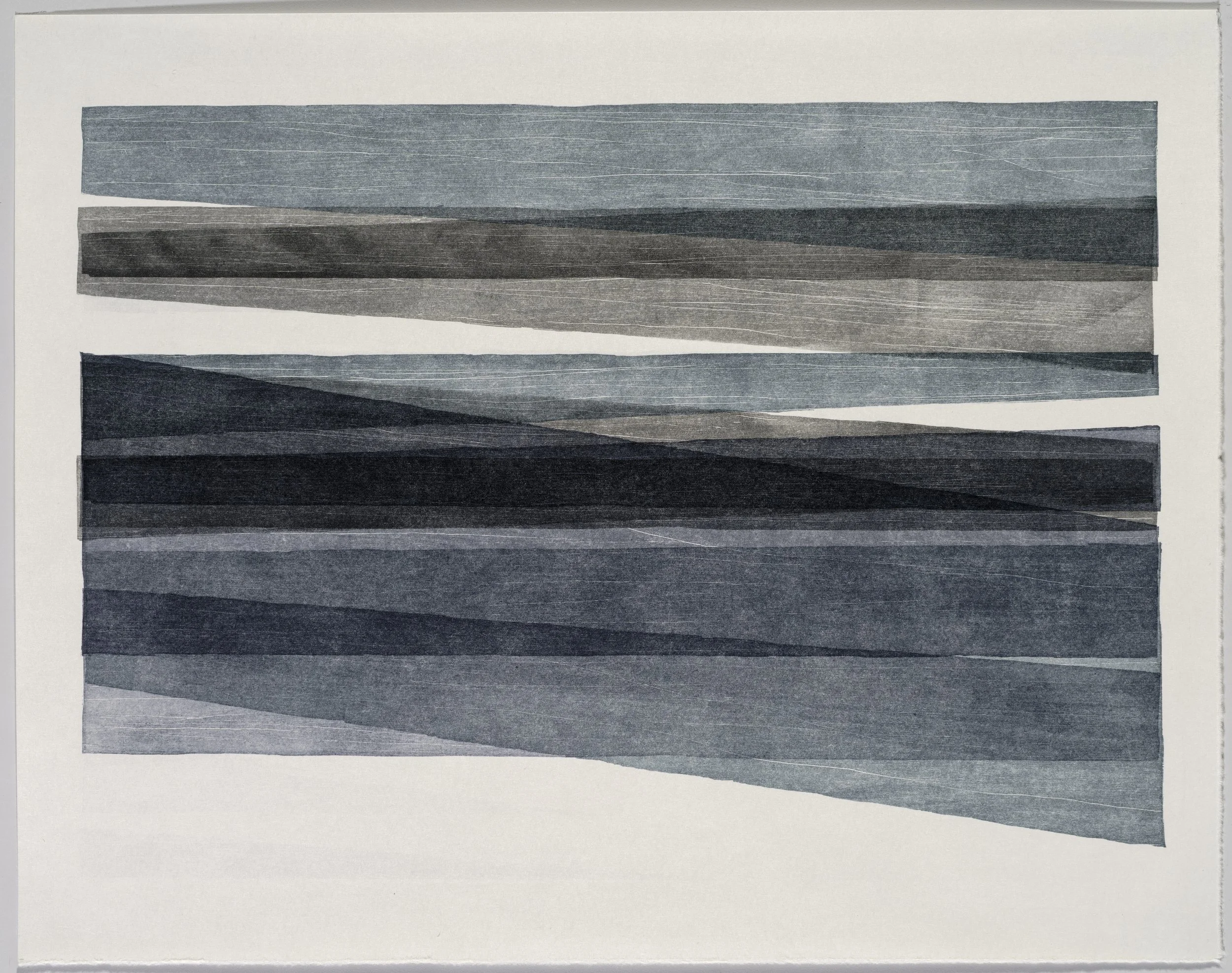   GreyonGrey #1 , 2026  ink on torinoko, woodcut collage 19×15in