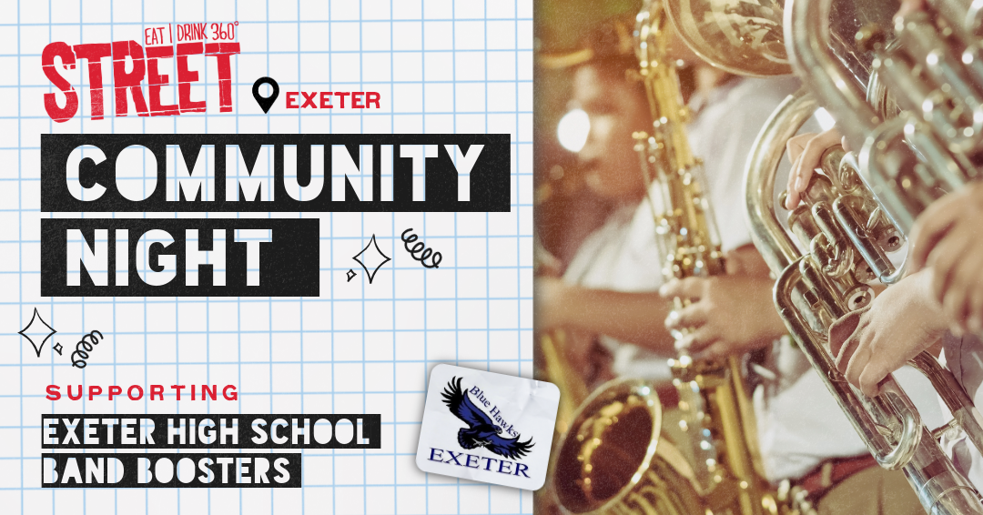 Street and Exeter High School logos with photo of kids playing instruments