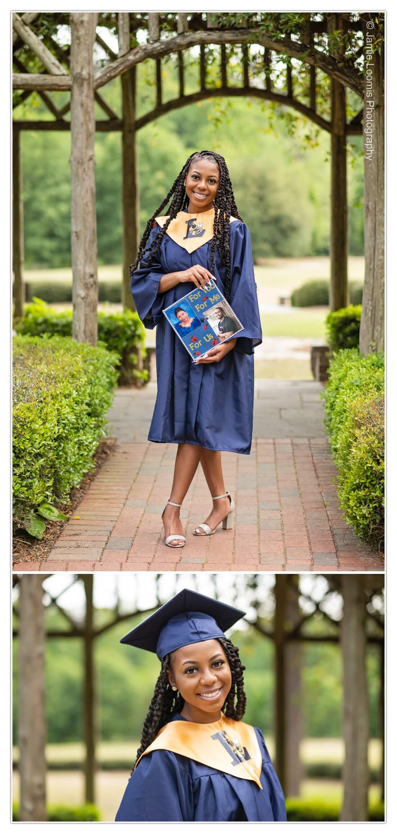 Senior in graduation cap and gown at Pinehurst Arboretum for senior portraits